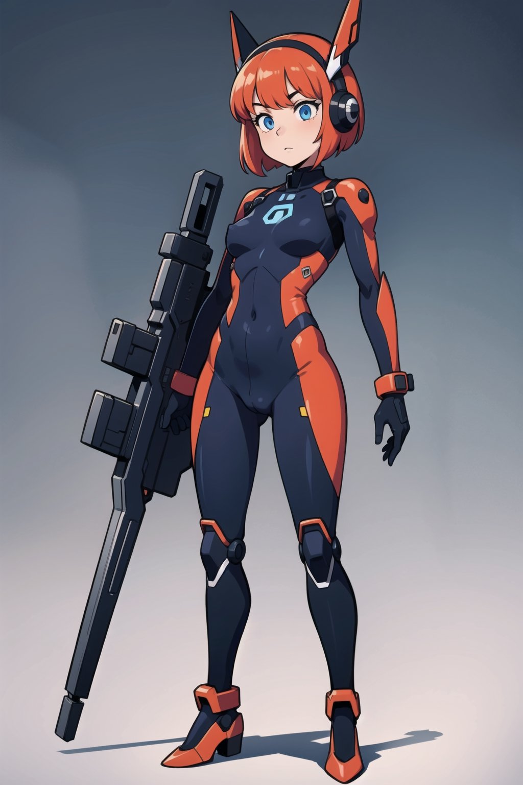 (masterpiece), science fiction, scenery,  1girl, short hair, bangs, ginger girl, blue eyes, mecha headgear, sci-fi bodysuits, full body, white black and red colors suit