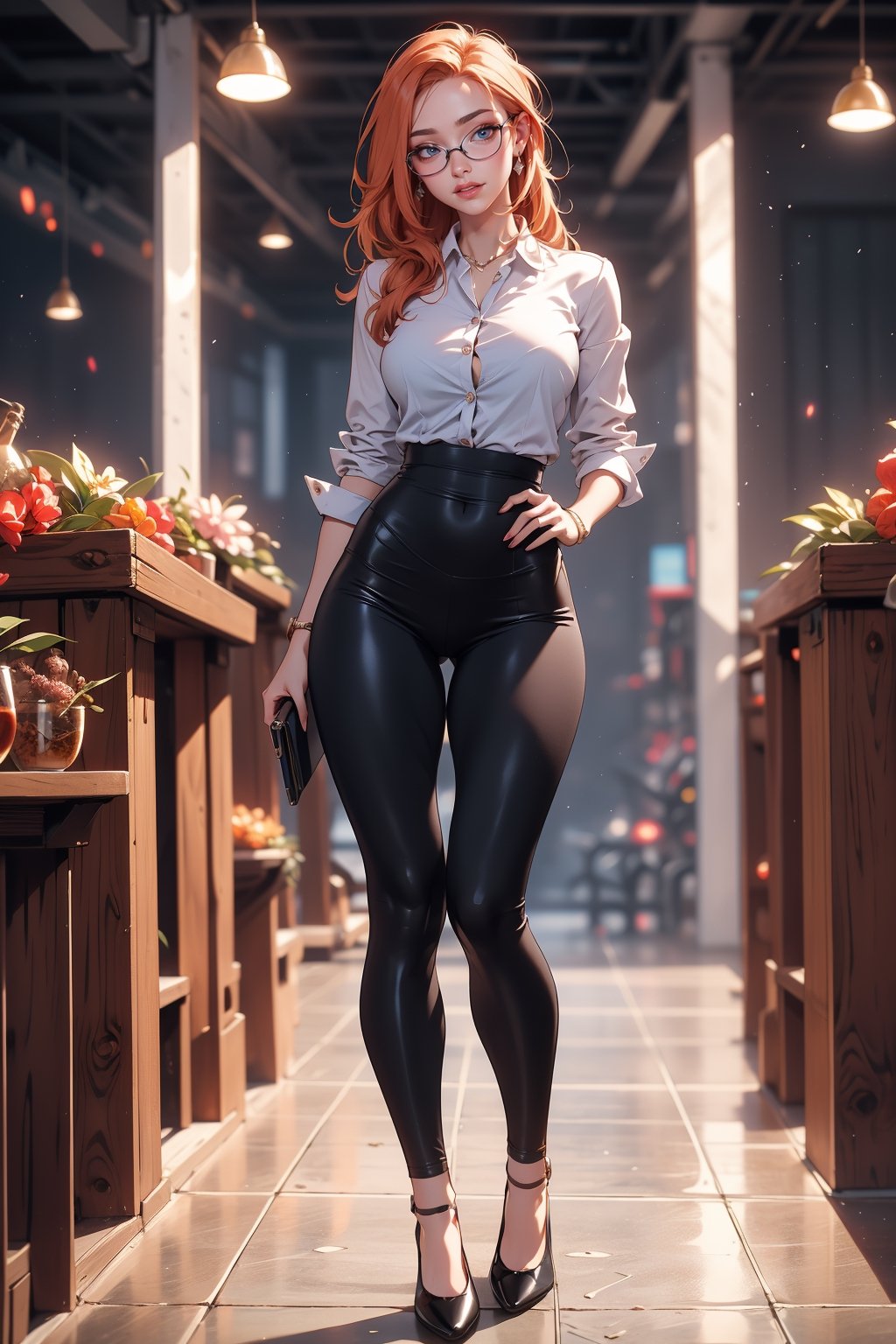 A beautiful 25 year old woman, ginger girl, hazel eyes, She has a body of a fitness model, medium breasts, glasses, joyful look, (smlie), happy, hourglass body shape, slim waist, ((full-body_portrait)), business clothing, in the center of an farm city