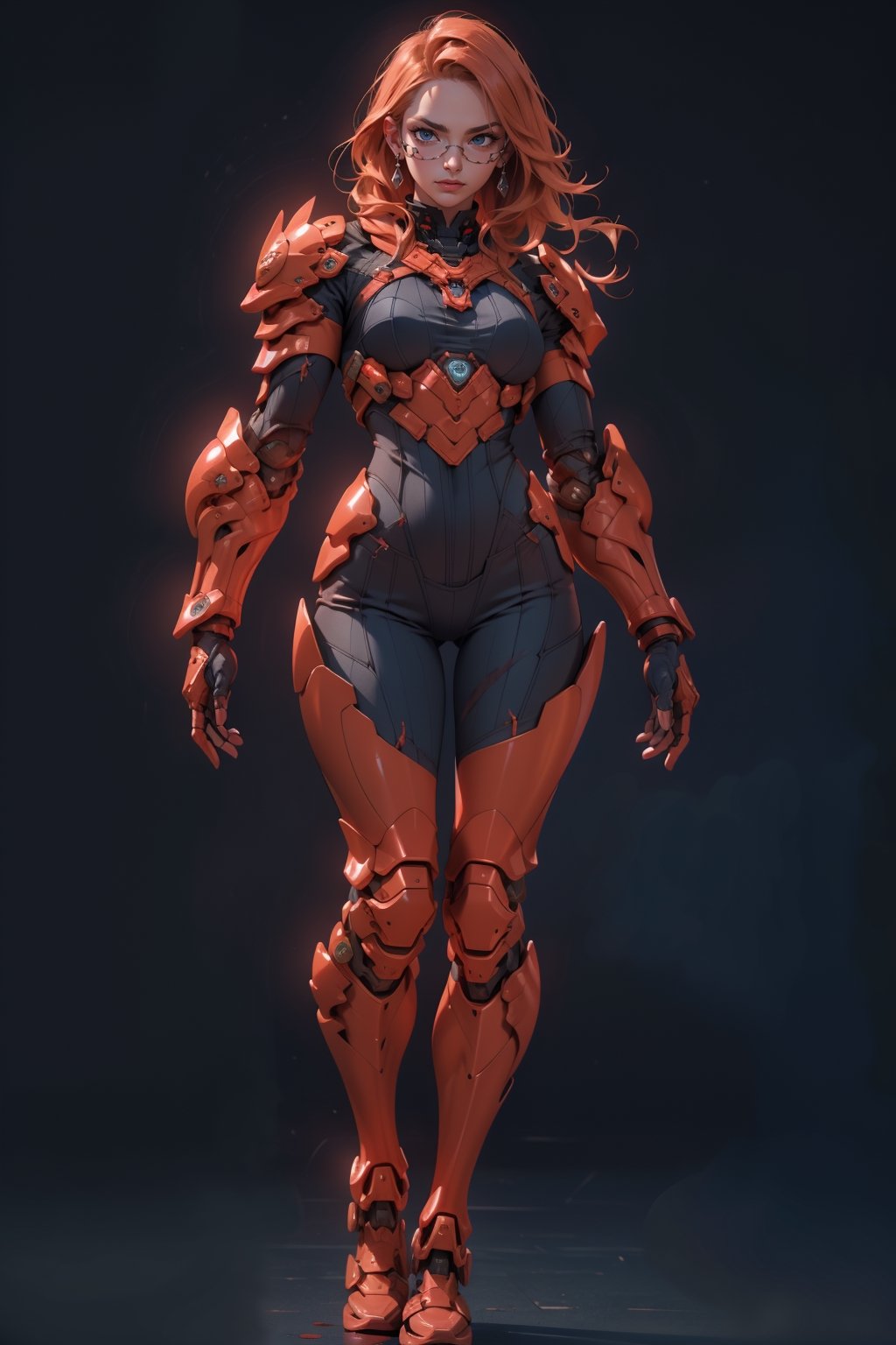 A beautiful 25 year old woman, ginger girl, hazel eyes, She has a body of a fitness model, medium breasts, glasses, serious face, hourglass body shape, slim waist, ((full-body_portrait)), darkblue color armor, armored suit, fullbody armor, injuries, blood, battle_stance,disgusted face