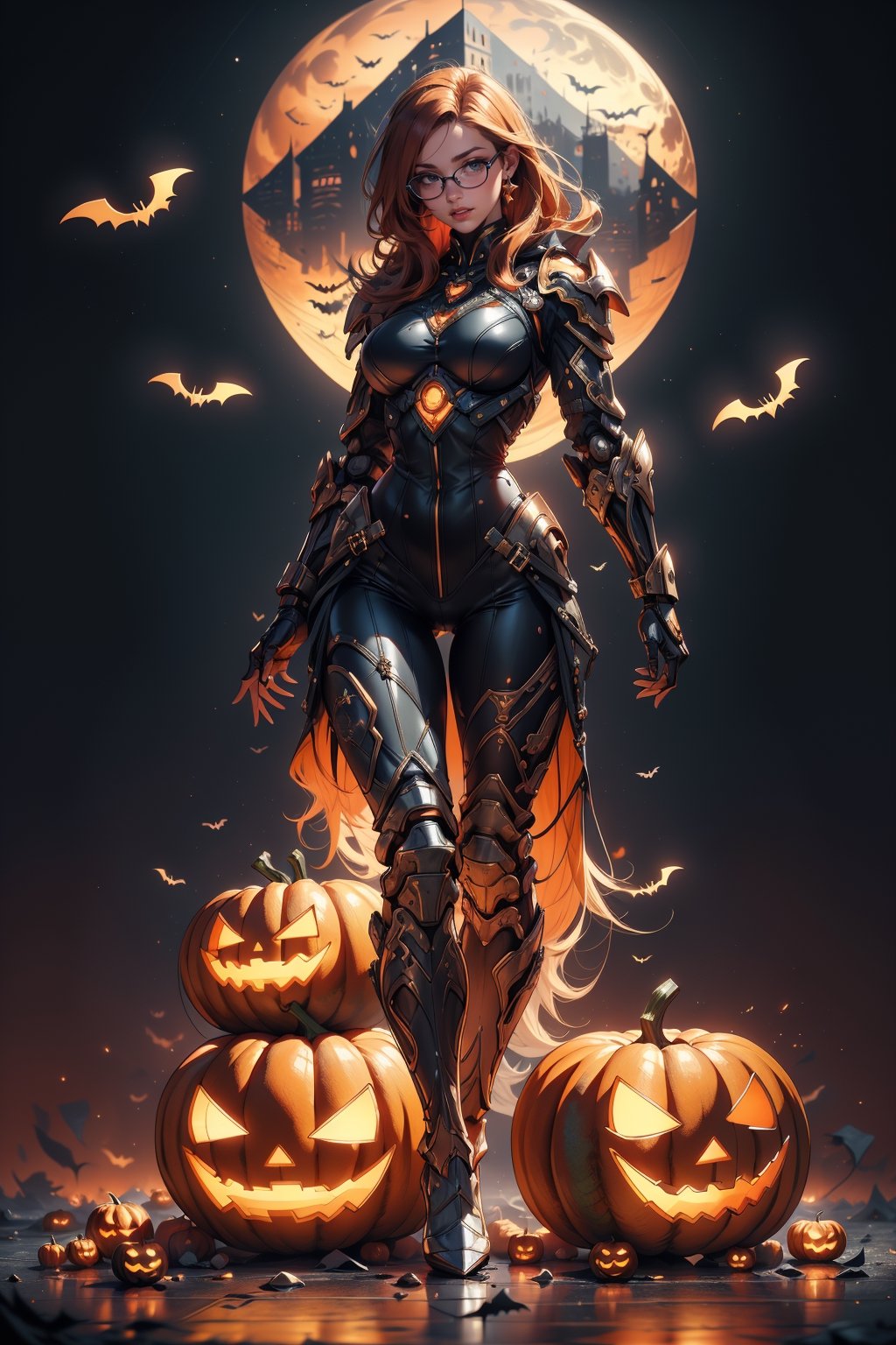 A beautiful 25 year old woman, ginger girl, hazel eyes, She has a body of a fitness model, medium breasts, glasses, joyful look, (serius), happy, hourglass body shape, slim waist, ((full-body_portrait)), uniform, armor foot, armor hands and shouder, armor head, armor breast, on jupiter planet,halloweentech 