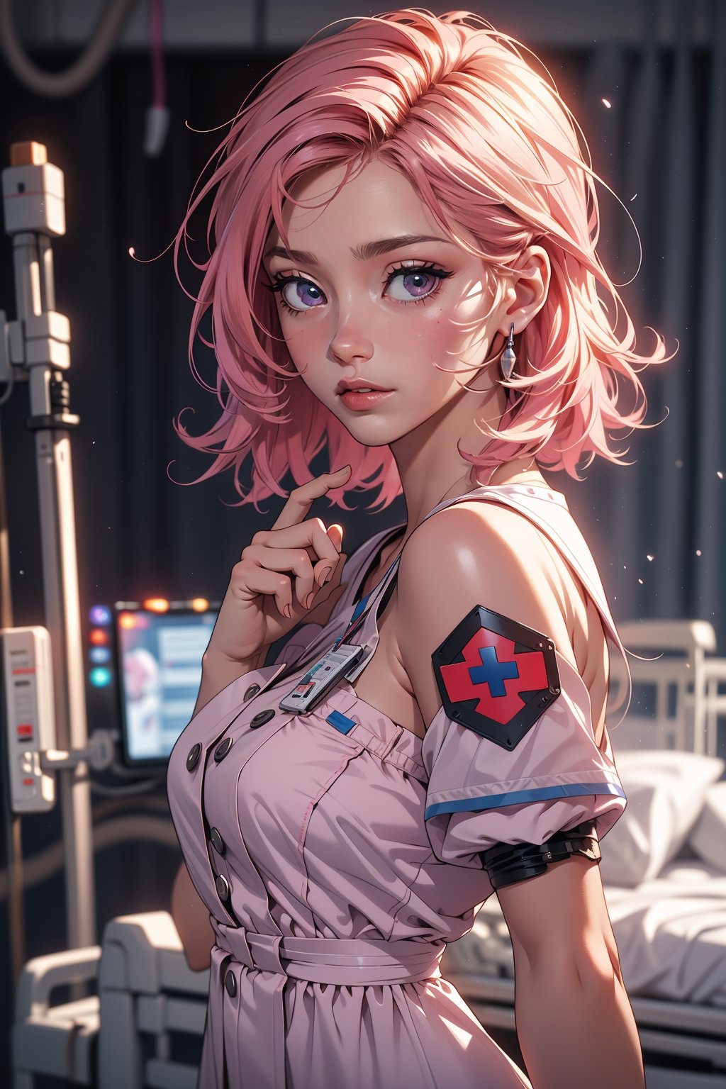 27-year-old woman, full_body, athletic build, medium bust, short hair, pink hair, pink eyes, lineart triangle tattoo on the left cheek, wearing a pink dress, short and plain, with an orthopedic arm, (masterpiece, top quality, best quality, official art, beautiful and aesthetic:1.2), hdr, high contrast, wideshot, 1girl, looking at viewer, clearly brown eyes, longfade eyebrow, soft make up, seducing viewer, frosty, naughty female nurse, (hospital theme:1.5), finger detailed, background detailed, ambient lighting, extreme detailed, cinematic shot, realistic ilustration, (soothing tones:1.3), (hyperdetailed:1.2)