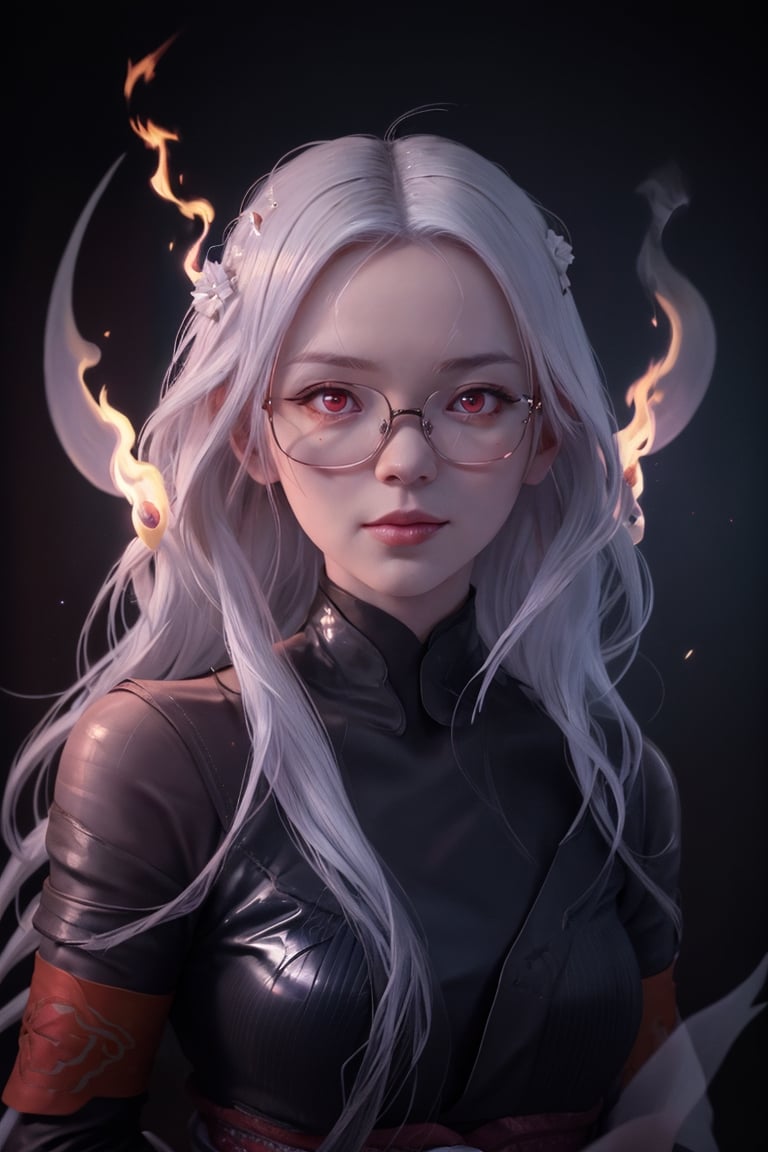 a bust portrait of a nice woman with a white fire on his face, fire red eyes, looking softly to camera, wearing glossy latex, beautiful face, ethereal, digital art by tomasz alen kopera, a vfx art made in after effects, linear thin lines, trending on Artstation, digital art, ghost of the white fire spirit, white fire elemental, kind god, hair made of white fire, white fire gods, body made of white fire,glasses,index finger raised,REALISTIC,yaemikodef,raidenshogundef,Sexy Pose