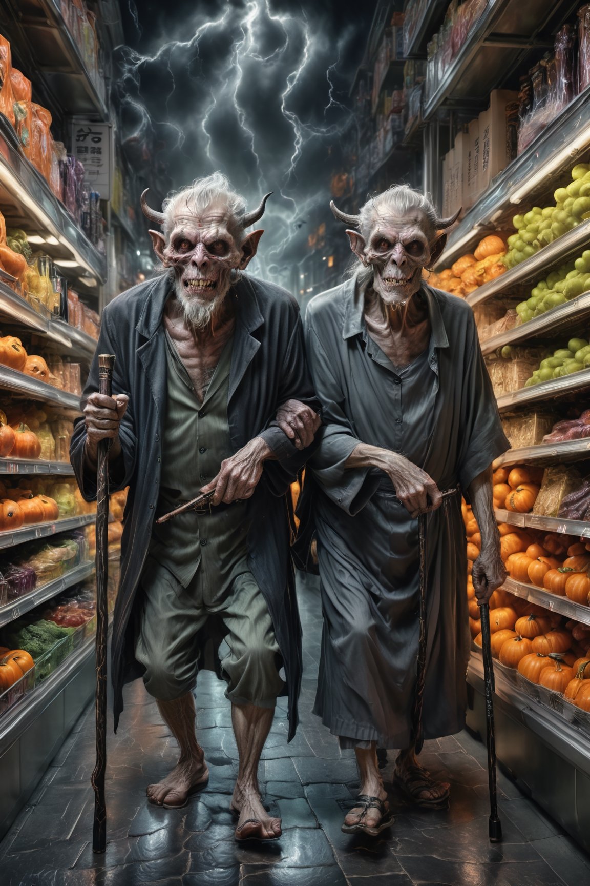 (masterpiece, best quality, highly detailed, finely detailed, high resolution, 8K wallpaper), a detailed illustration of ((an old demon married couple, male and female)), grey hair, ((with a walking stick)), ((hunchback)), wearing clothes for the elderly, shopping in a supermarket, halloween image, detailmaster2,HellAI