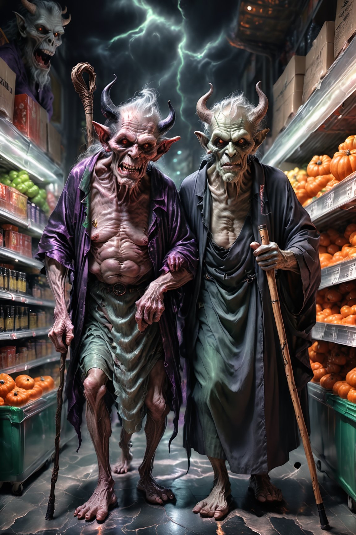 (masterpiece, best quality, highly detailed, finely detailed, high resolution, 8K wallpaper), a detailed illustration of ((an old demon married couple, male and female)), grey hair, ((with a walking stick)), ((hunchback)), wearing clothes for the elderly, shopping in a supermarket, halloween image, detailmaster2,HellAI