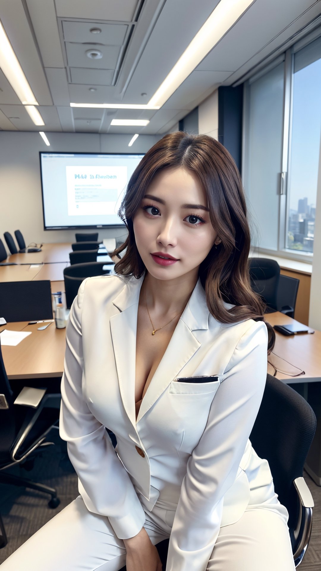 photorealistic:1.37, sitting pose, masterpiece, best quality, raw photo, absurdres, uhd, 1girl, wavy hair, brown hair , looking at viewer, in the large meeting room of the office in the high tower office building in  Tokyo ,Tokyo tower,intricate detail, detailed background, detailed skin, pore, highres, hdr , presentation to ten men , beautiful model, soft light to the face,JP_MODELS , midium breasts, a 30 yo woman ,((white shirts,pants suits )),blurry_light_background