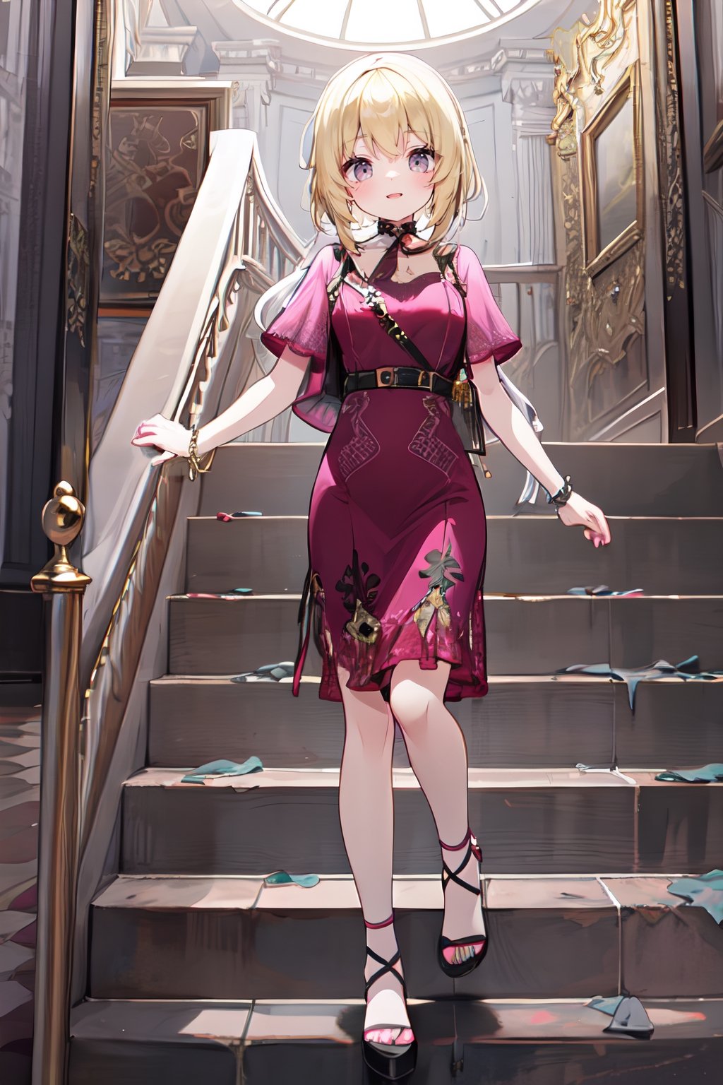 Nobility descending the ballroom stairs. Blonde, ruby eyes, pink dress 