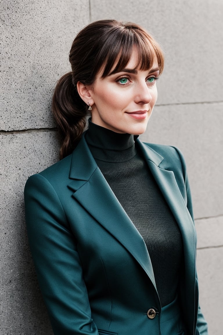 a photo of a cute 30-year-old woman, dgmochav2_TI, professional portrait photo,Slack-jawed awe look on face, high neck Emerald Kashmiri Pashmina Suit, high ponytail and bangs, soft lighting, solo, background of Tech Startup