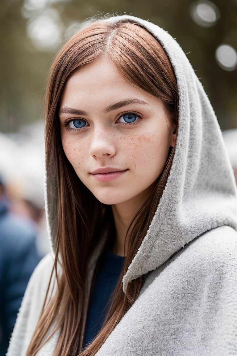 photograph of a cute adult girl, redhair, pale skin, freckles, blush, innocent, petite and youthful face, silver blue eyes, wearing a cloak, city christmas festival, snowfall, Porta 160 color, shot on ARRI ALEXA 65, bokeh, sharp focus on subject, shot by Don McCullin, nsfw, (natural skin texture, hyperrealism, soft light, sharp), (perfect round eyes:1.3), Capture the essence of her beauty, Enrich the composition with soft, diffused natural light that accentuates the textures and colors, creating a timeless and culturally rich image,