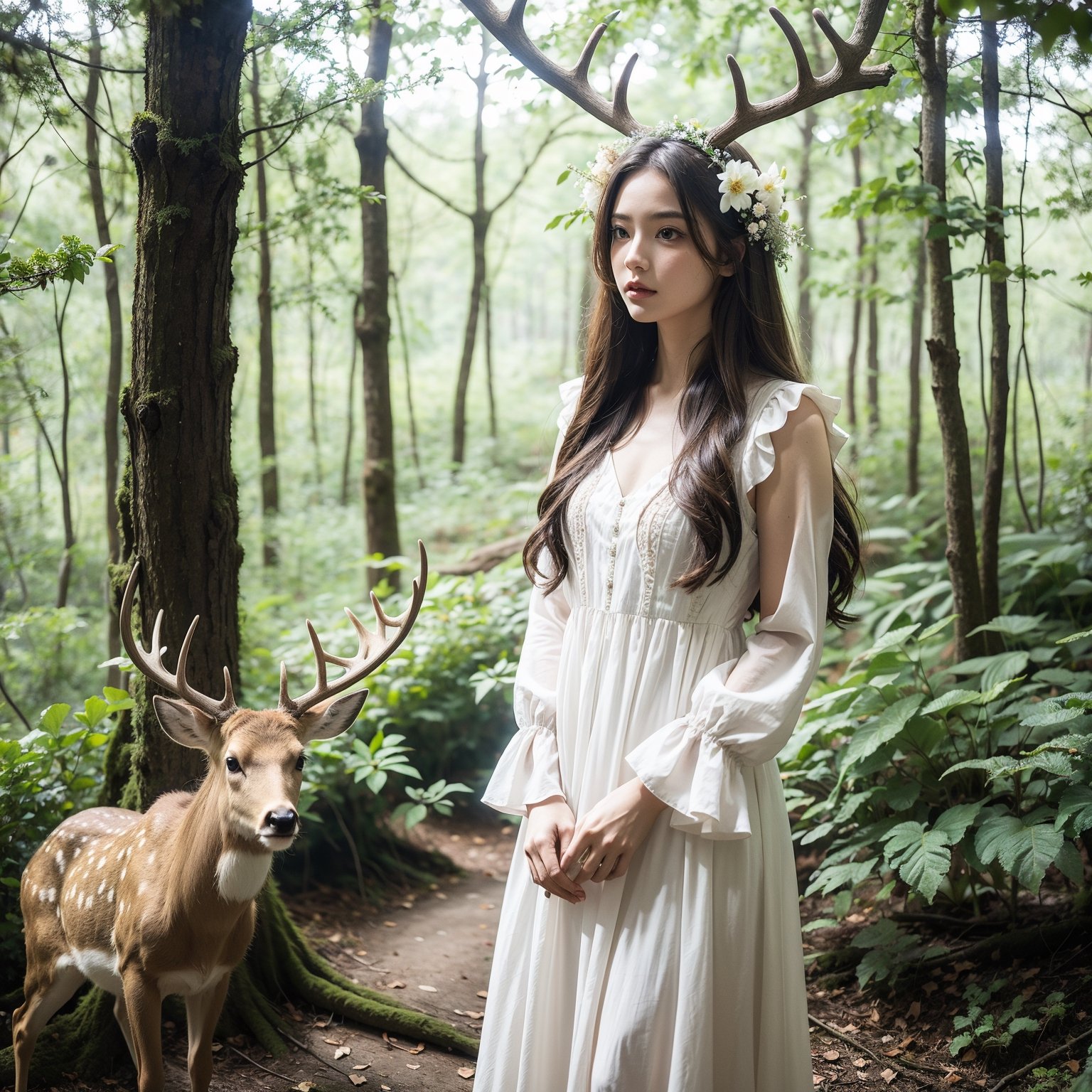 1girl, dress, long hair, deer, nature, tree, white dress, forest, animal, antlers, flower, realistic, solo