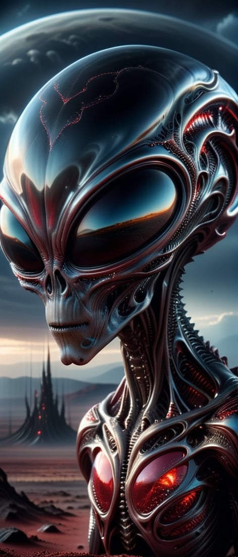 a high quality professional photo of a Gothic alien, luminous bone structure, red glossy skin,   fierce and threatening, standing alone in a desolate landscape. The alien is highly detailed and realistic, showcasing exquisite features and textures. The image is rendered in ultra detail, providing intricate nuances and fine accents. The resolution is in 4K, ensuring stunning clarity and sharpness. The lighting is dramatic, casting eerie shadows and emphasizing the alien's menacing presence. The background is a hauntingly beautiful scene, with dark stormy skies and an ominous atmosphere. The composition is carefully crafted to convey the intensity and power of the Gothic alien, capturing its essence in a single frame. The image is designed to inspire awe and fascination, leaving viewers captivated by its incredible realism and attention to detail. It is perfect for those who appreciate the blending of otherworldly elements with a dark and gothic aesthetic. This masterpiece of digital art is a testament to the artist's skill and creativity, offering a unique and captivating visual experience. Get ready to immerse yourself in a world where darkness meets the extraterrestrial, where beauty and threat coexist in perfect harmony. Become mesmerized by this Gothic alien, brought to life in vivid detail and ready to unleash its power upon the world. Let this image transport you to a realm where the boundaries of reality are blurred, and imagination reigns supreme. Experience the captivating allure of this fierce and threatening creature, rendered in ultra detail and waiting to be discovered. Are you ready to embrace the unknown and venture into the realm of the Gothic alien?,alienzkin,more detail XL, 