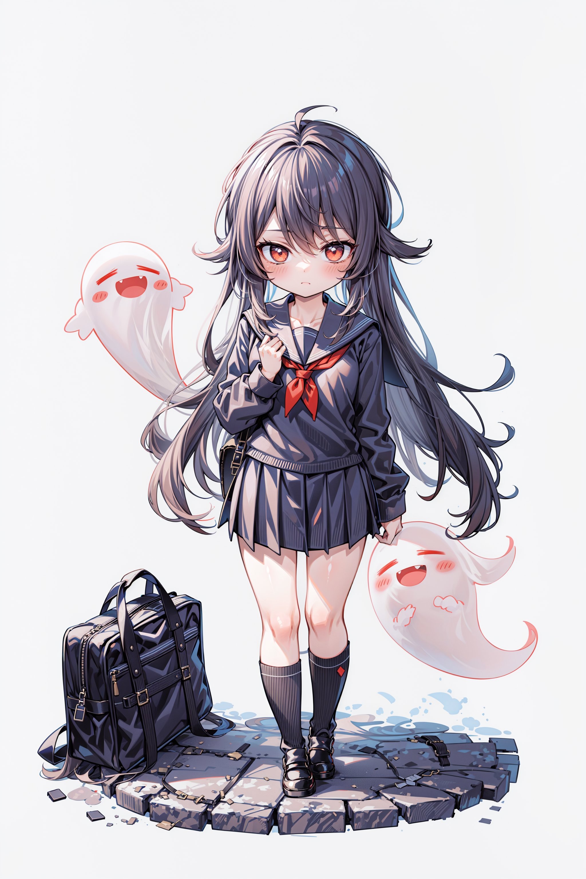  ( school uniform:1.5), (chibi:1.2) , cute, white background, (full body:1.4), hutao_(genshin_impact) ,school bag , (squeezing a ghost),hu tao(genshin impact)