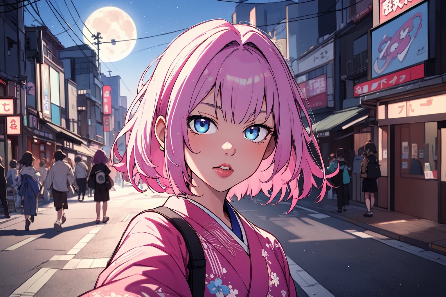 (semi realistic anime:1.1),riamu,ph_Mar,AGGA_ST004, multicolored_eyes, pink hair, horny face, ((masterpiece)), absurdres,  (Selfie:1.1)
 extremely detailed hair, extremely detailed eyes, iris detailed eyes, blue eyes,
1girl,  protruding breasts, dress with strap, hair in the wind, seductive look, japanese traditional custon, kimono, 

(masterpiece, best quality, highres, portrait, 1girl, solo, short hair, looking at viewer, multicolored hair,) at night, moon,

Tokyo city: city, japan, street, shibuya, Japanese inner city, Japanese houses, sign, sidewalk, tall building, bright marketing signs, neon, perspective, people walking, corner, showcase,
