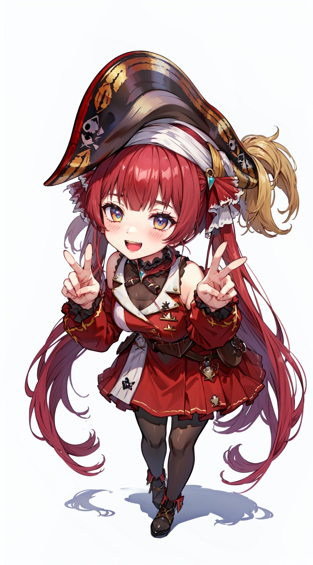 {{{{{{{{ masterpiece }}}}}}}}, (full body 1.4) , smiling, friendly expression, a chibi version Houshou Marine full body dynamic pose, with a pirate hat, vtuber, hololive, white background ,Houshou Marine,marine_pirate,torino aqua,houshouBase