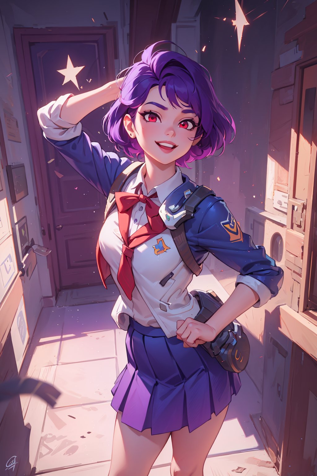 a realistic, Juno_(verwatch_2), donning her crisp school uniform, poses dynamically in front of the high school's grand entrance, her vibrant purple hair glistening under the warm 4K light. Her bright smile and playful expression radiate energy as she stands tall, her uniform a perfect blend of innocence and charm.,4k,Purple hair, red eyes, 