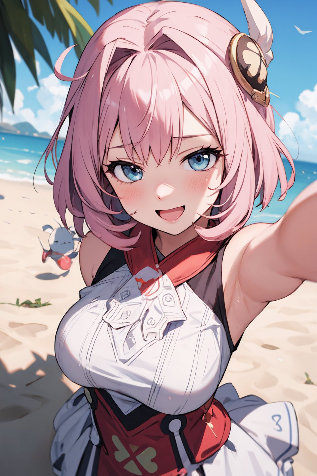 (semi realistic anime:1.1) masterpiece, horny face, excited, happy,  1girl, pink hair, short hair, blue eyes, lue hair, (instagram pose:1.1) (Selfie:1.1), medium_breasts, close-up,  cosplay  klee custon , klee, genshin_impact, medium shot, on japanese beach, anime style 4 k,  anime, best quality, ,riamu,ph_Mar,torino aqua,