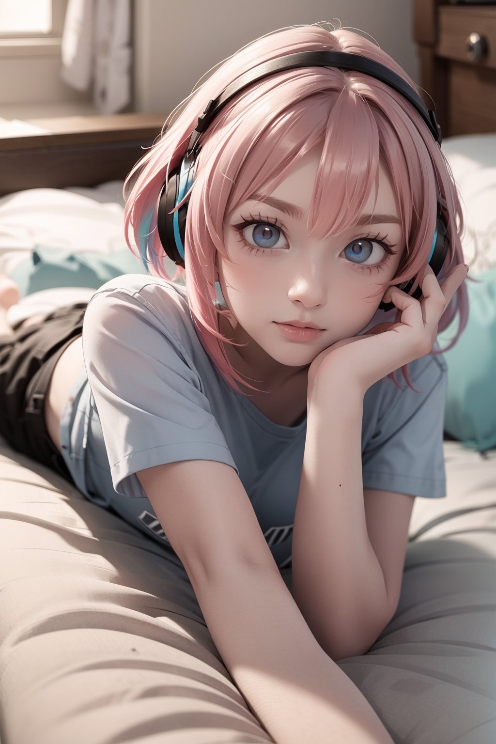 (realistic:1.4),feets_up,lying down, riamuyumemi, ,riamu yumemi, ahoge, blue hair, hair intakes, multicolored hair, (multicolored eyes, blue eyes:1.1), hot pink hair, short hair, two-tone hair,BREAK,  barefoot,   shirt, short sleeves, t-shirt,BREAK looking at viewer, full body,BREAK indoors,BREAK , (masterpiece:1.2), best quality, high resolution, unity 8k wallpaper, (illustration:0.8), (beautiful detailed eyes:1.6), extremely detailed face, perfect lighting, extremely detailed CG, (perfect hands, perfect anatomy),Realism,riamu,ph_Mar,perfect,photorealistic, 

A young woman with wild, disheveled hair, synthwave, lost in her own world, listening to music through her headphones, lying on bed, wearing a cargo pants surrounded by a chaotic bedroom background, drawn in the classic 90s anime art style of Naoko Takeuchi with a VHS effect, 