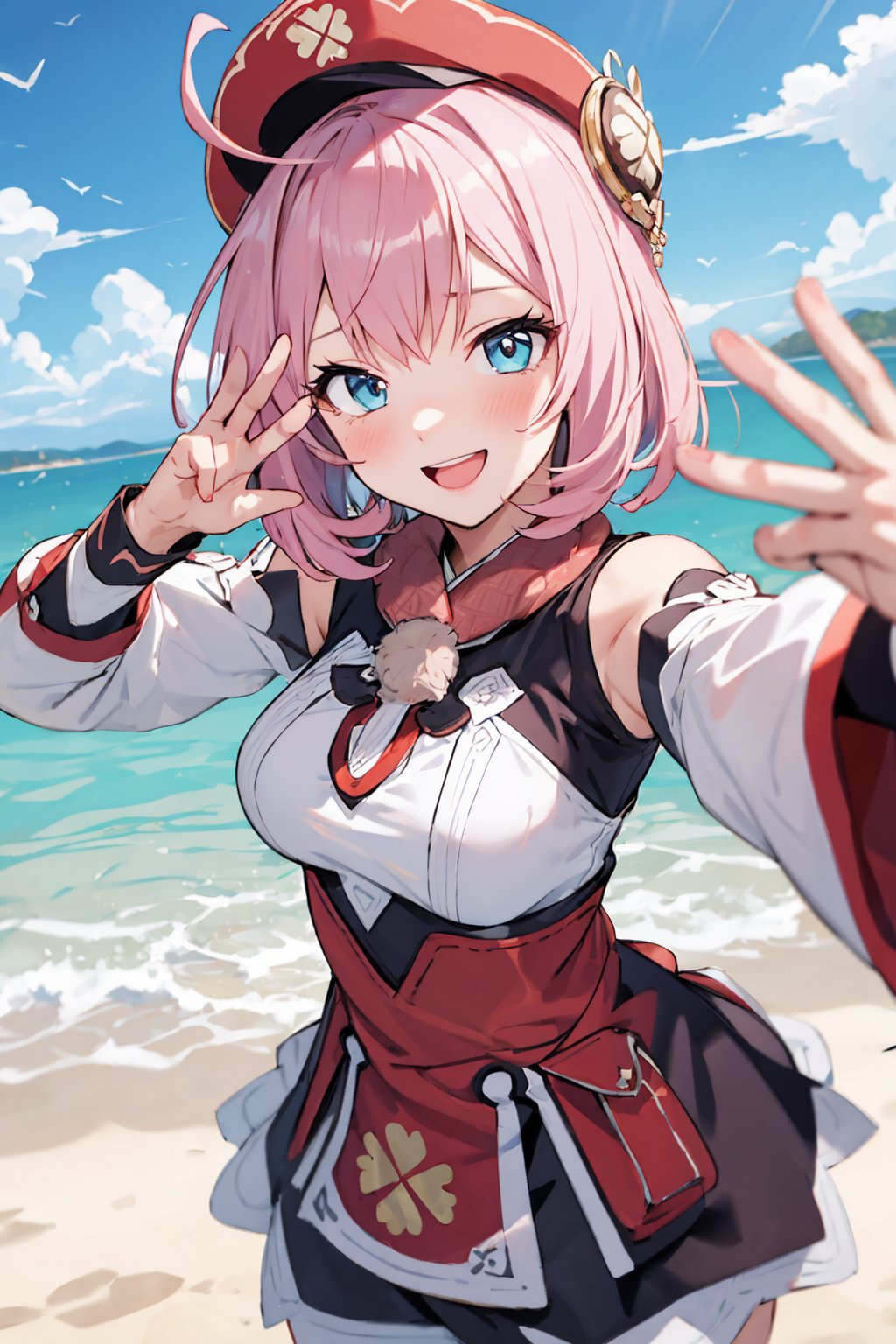 (semi realistic anime:1.1) masterpiece, horny face, excited, happy,  1girl, pink hair, short hair, blue eyes, lue hair, (instagram pose:1.1) (Selfie:1.1), medium_breasts, close-up,  cosplay  klee custon style, , genshin_impact pattern, medium shot, on japanese beach, anime style 4 k,  anime, best quality, ,riamu,ph_Mar,torino aqua,