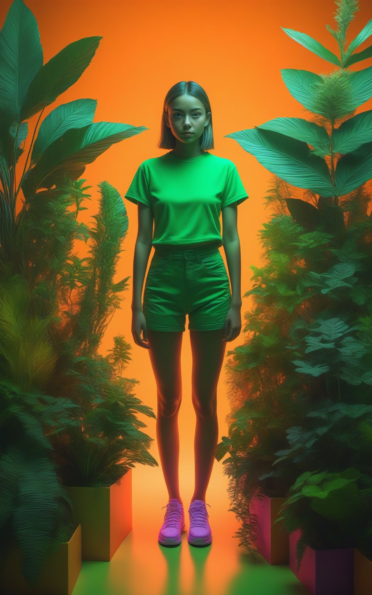 Fullbody shot of girl looking of camera, (masterpiece:1.1), (highest quality:1.1), (HDR:1.0), extreme quality, cg, (negative space), detailed face+eyes, 1girl, (plants:1.18), (fractal art), (bright colors), beautifull background, complimentary colors, neon, limited palette, synthwave, tan skin, full body, (green and orange:1.2), time stop, sy3, SMM,detailmaster2,photo r3al