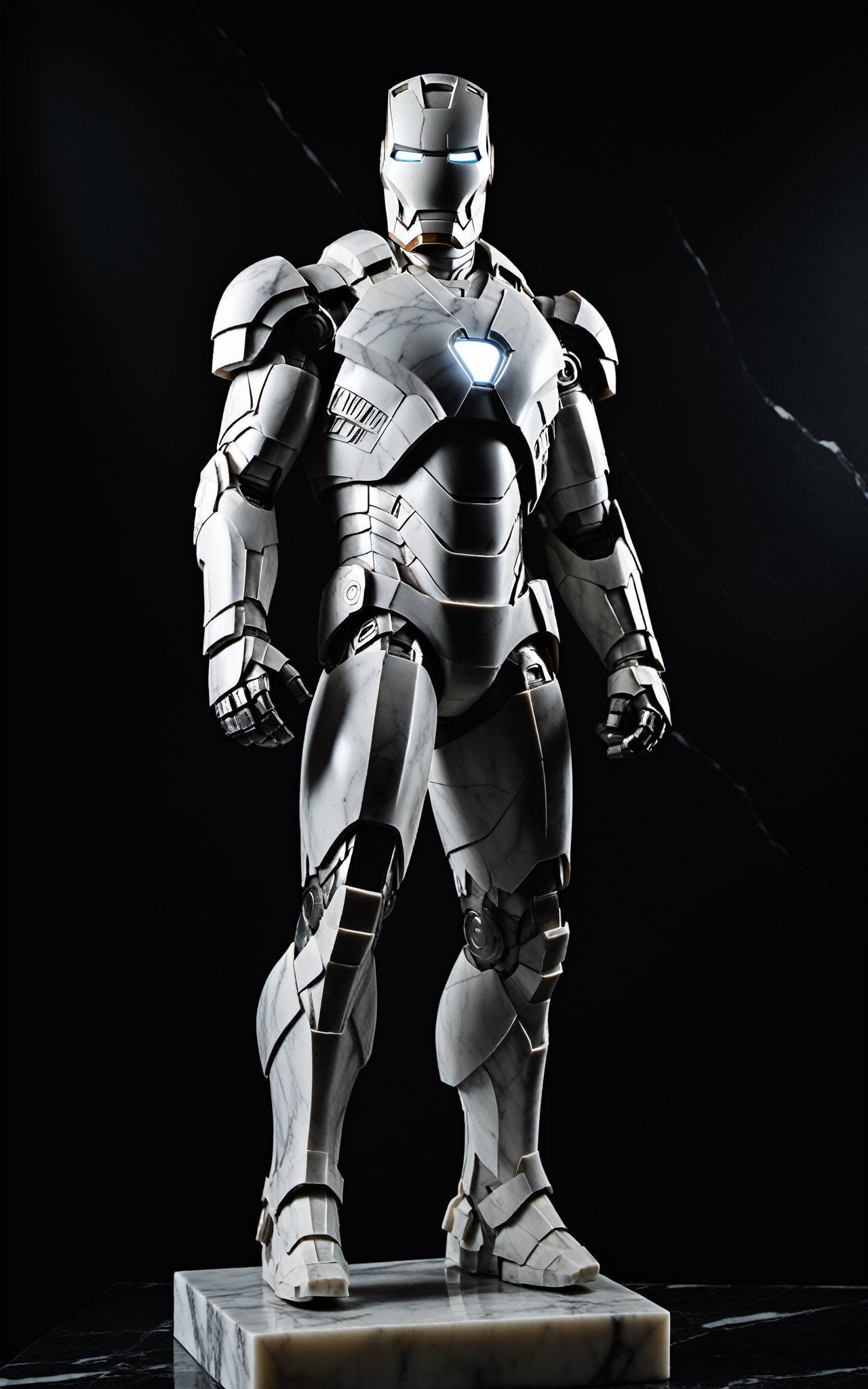 (Full Body Sculpture Iron Man Marble on the place:1.4), (grey and white:1.2), ultra realistic, 8k, HD, Photography, Shadow lighting, (black background:1),(cinematic dark lighting:1.4), (small sculpture:1.5), (classical greek style), (Beautifull colours), (broken:1.3), sharp focus, (Marble)
