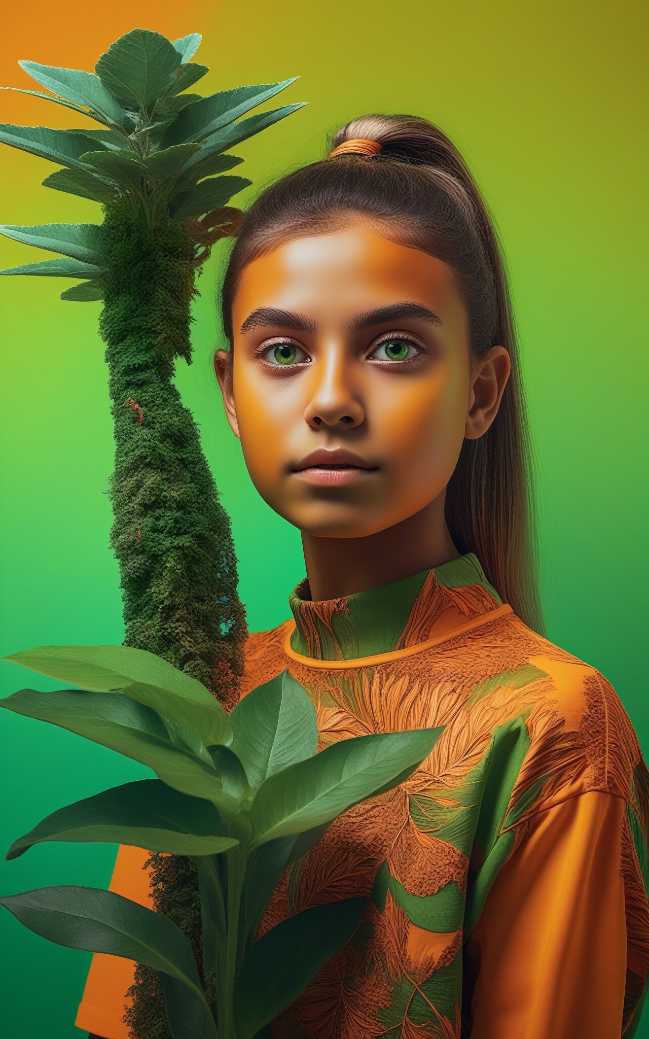 Fullbody shot of girl looking of camera, (masterpiece:1.1), (highest quality:1.1), (HDR:1.0), extreme quality, cg, (negative space), detailed face+eyes, 1girl, (plants:1.18), (fractal art), (bright colors), beautifull background, complimentary colors, neon, limited palette, synthwave, tan skin, full body, (green and orange:1.2), time stop, sy3, SMM,detailmaster2,photo r3al