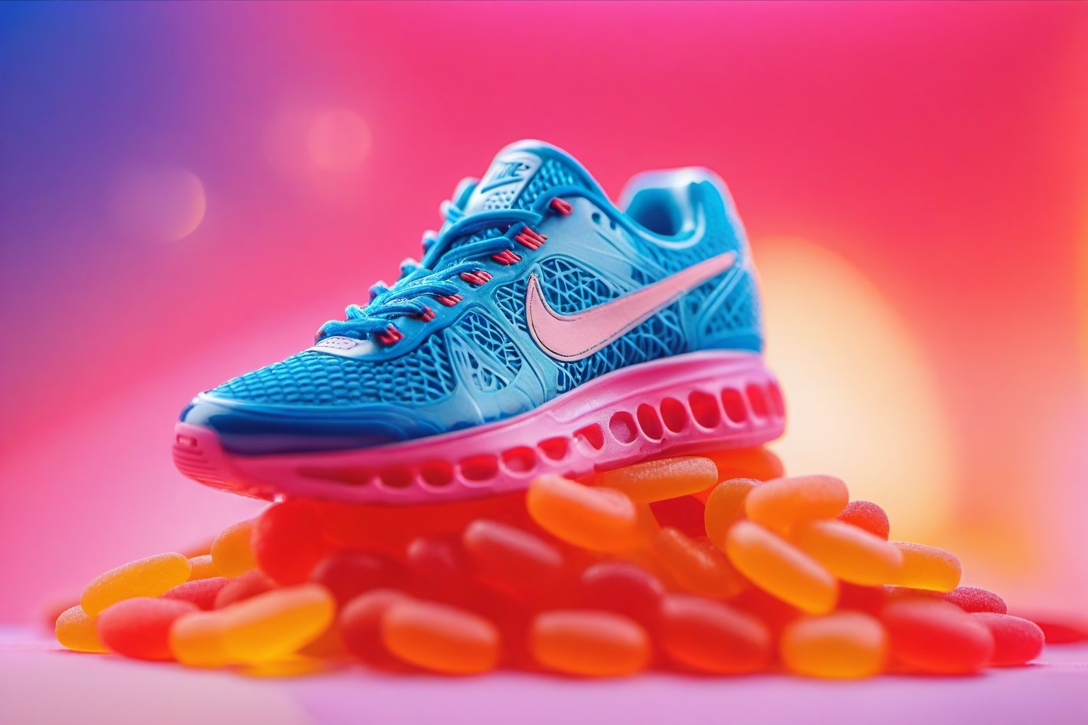 A closeup of one Nike shoe of gummies in the paradise of colored gummies, (perfect candies ovals:1.6), high detailed, a product photography light, full color, subsurface scattering, slim shape, magic background, colors, volumetric light, 3d, good style, 90's, 8k, HD, product photography, good focus, booth, food focus, no humans, (gummiesland:1.8), EpicSky, one shoe, 1shoe, (small gummies:1.1)