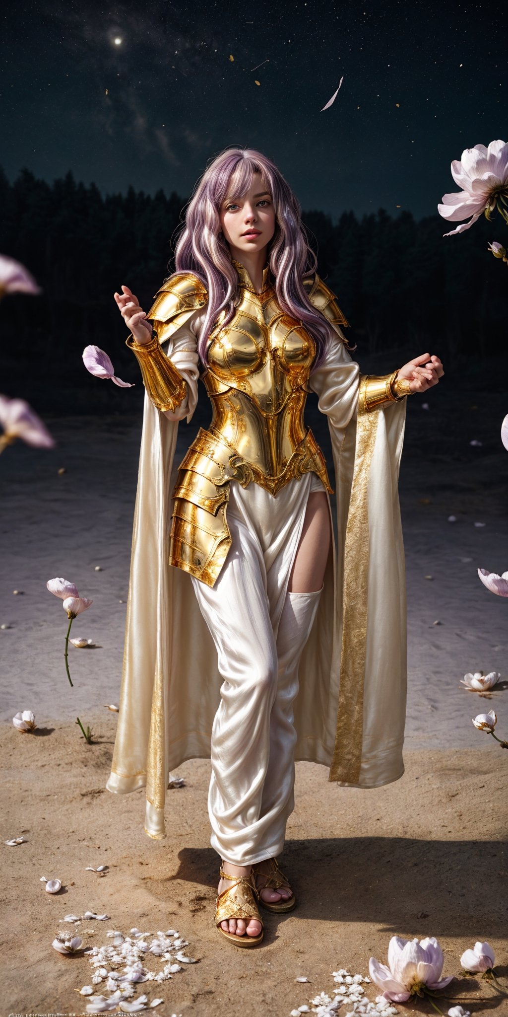 Wide shot of russian girl, she is wearing ((white long silk tunic:1.3)), [bare legs], (gold roman sandals:1.5), ((silk white robe:1.3)), (golden waist and half body of gold armor:1.6), (golden corset of gold armor:1), (hyperdetailed photography,), (masterpiece), real photo, 8k UHD, solo female, relaxed expression, ((girl body:1.3)), girl in outdoors, woman levitating or she is jumping on the spot, (white cape:1.2), the floor separated from him with, ((body levitation:1.2)), (only long light violet hair to the ground:1.7) , lot of hair, (((Fullbody Shot))), (Caucasian skin:1.2), on a black cloth background, perfect eyes, pale mory color skin, white skin, skin pores, clear skin, ((mystical background)) good anatomy, perfect hands, perfect eyes, 4ry4, magical brackground, cloud, background_sky, mystical sky, ultra realistic, background details, (detail face), clear face, clear, perfecteyes, ((dramatic lighting)), God and the stars, the space is nice, random place, a lovely body, extremely long hair, messy hair, perfect face, ultra detail face, perfect fingers, good finger anatomy, ((perfect hands:1.0)) body levitation, spectacular levitation, two perfect legs and feet, feet apart, perfect feet, photographic cinematic super high detailed, perfect legs, mysterious power, famale face, Caucasian Male, magical white, ((perfect fingers)) (magical white:1.2), grass, (swirl of white petals:1.2), (petals:1.7), female hips, natural beauty, feminine traits, greek girl