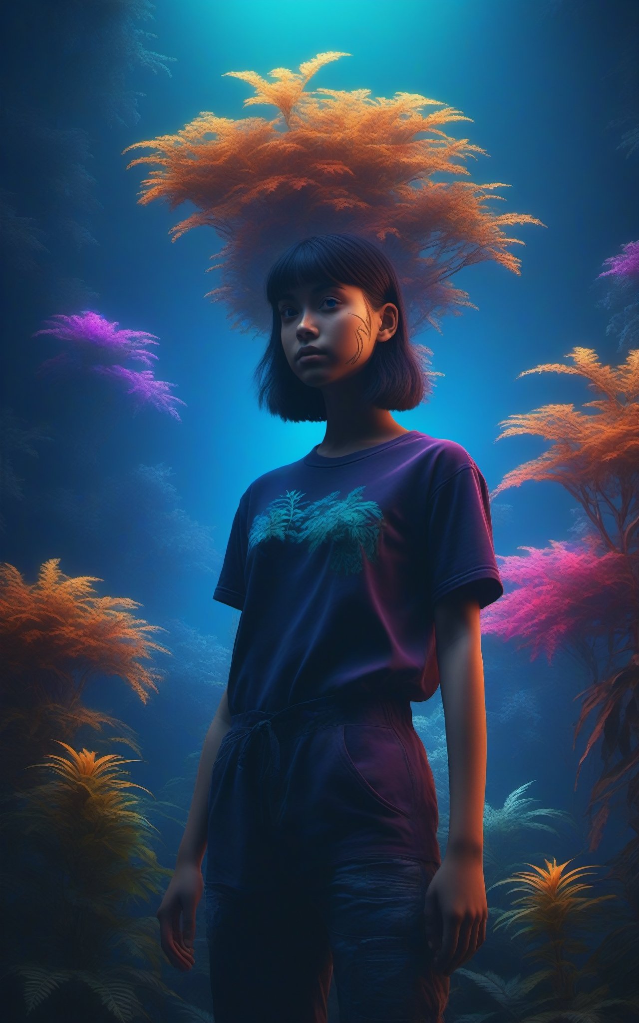 Fullbody shot of Misty girl looking of camera, (masterpiece:1.1), (highest quality:1.1), (HDR:1.0), extreme quality, cg, (negative space), detailed face+eyes, 1girl, (plants:1), (fractal art), (bright colors), beautifull background, complimentary colors, neon, limited palette, synthwave, tan skin, full body, (black and dark blue:1.2), time stop, sy3, SMM,detailmaster2,photo r3al