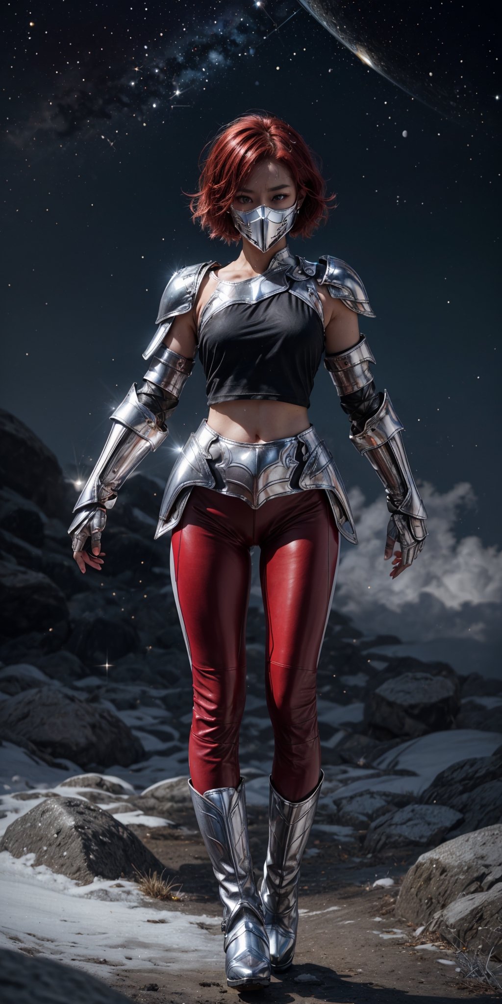 ultra realistic, 1girl japanese 30 year-old, (black t-shirt:1.4), (red leather leggings:1.9), (((Fullbody Shot:1.2))), (short light red hair in the air:1.3), (white fullmask:1.6), (dark gauntlet:1.5), (Black Armor Gauntlets Steel Gloves:1.5), lot of hair, dressed in the silver armor of Eagle, (Asian skin:1.2), The knights of the zodiac, (silver armor:1.2), (silver left shoulder pads:1.7), perfect eyes, pale mory color skin, white skin, skin pores, clear skin, skin with gold drops, ((mystical background)) good anatomy, perfect hands, perfect eyes,4ry4,magical brackground,cloud, background_sky, mystical sky, ultra realistic, background details, (detail face), clear face, clear photography,perfecteyes, ((dramatic lighting)) sweat, (sweat droplets), God and the stars, the space is nice, random place, a lovely silver armor, short hair, messy hair, perfect face, ultra detail face, perfect fingers, good finger anatomy, ((perfect hands)) body levitation, spectacular levitation, two perfect legs and feet, feet apart, photographic cinematic super high detailed, perfect legs, mysterious power, body levitation, sweat, japanese famale, magical white wind, ((perfect fingers)), (magical blue:1.4), (atmosphere of cold and cosmos), (magical cosmos:1.3), (background constellation), clear mask, high definition mask, (Silver Armor boots:1.5), ,mecha musume, sole_female, asian girl, legs apart,