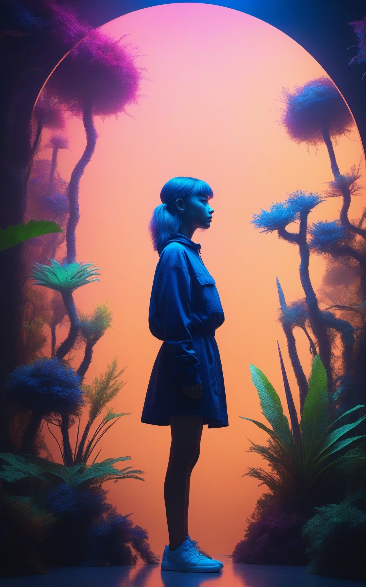 Fullbody shot of Misty girl looking of camera, (masterpiece:1.1), (highest quality:1.1), (HDR:1.0), extreme quality, cg, (negative space), detailed face+eyes, 1girl, (plants:1), (fractal art), (bright colors), beautifull background, complimentary colors, neon, limited palette, synthwave, tan skin, full body, (black and dark blue:1.2), time stop, sy3, SMM,detailmaster2,photo r3al