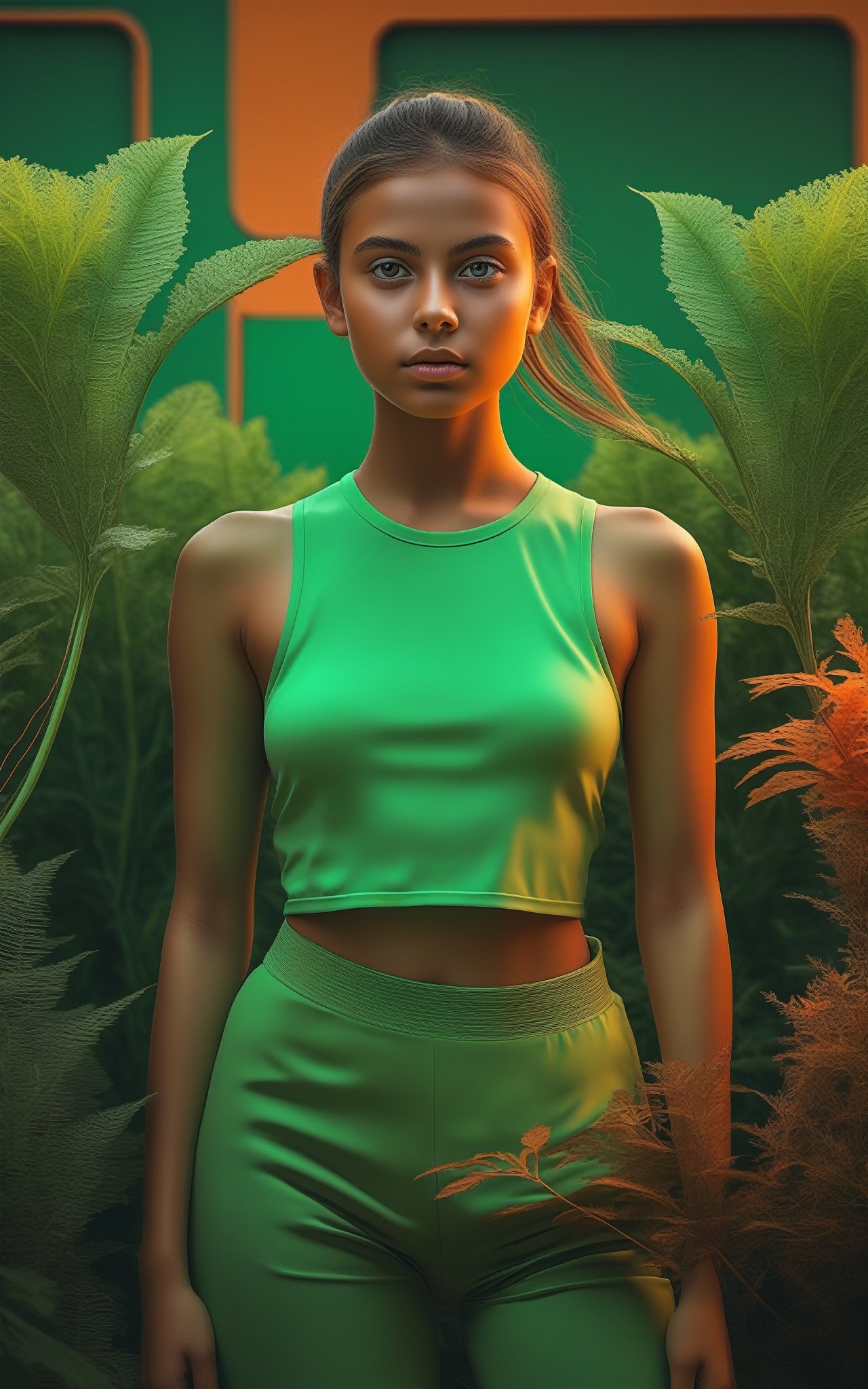 Fullbody shot of girl looking of camera, (masterpiece:1.1), (highest quality:1.1), (HDR:1.0), extreme quality, cg, (negative space), detailed face+eyes, 1girl, (plants:1.18), (fractal art), (bright colors), beautifull background, complimentary colors, neon, limited palette, synthwave, tan skin, full body, (green and orange:1.2), time stop, sy3, SMM,detailmaster2,photo r3al