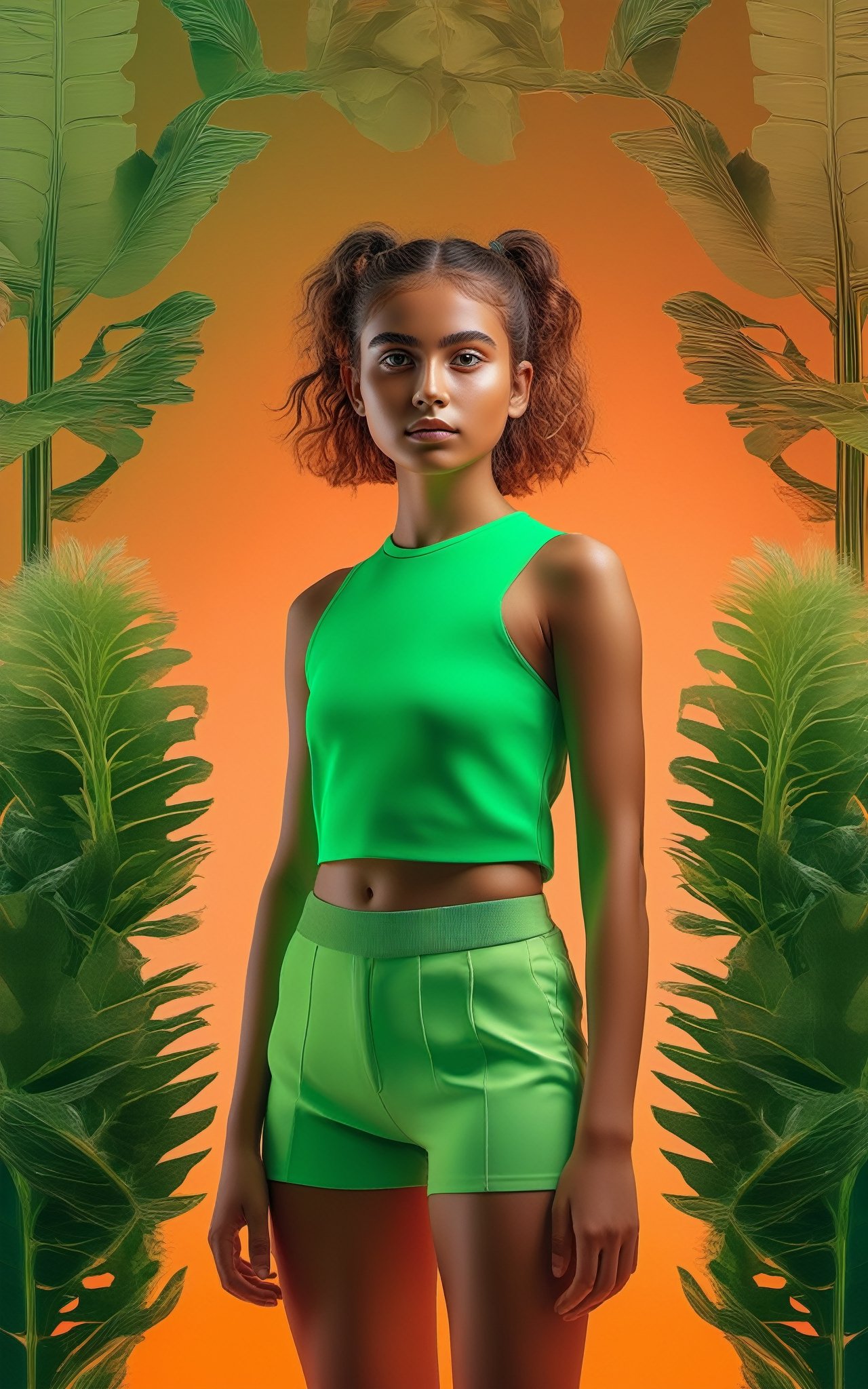 Fullbody shot of girl looking of camera, (masterpiece:1.1), (highest quality:1.1), (HDR:1.0), extreme quality, cg, (negative space), detailed face+eyes, 1girl, (plants:1.18), (fractal art), (bright colors), beautifull background, complimentary colors, neon, limited palette, synthwave, tan skin, full body, (green and orange:1.2), time stop, sy3, SMM,detailmaster2,photo r3al