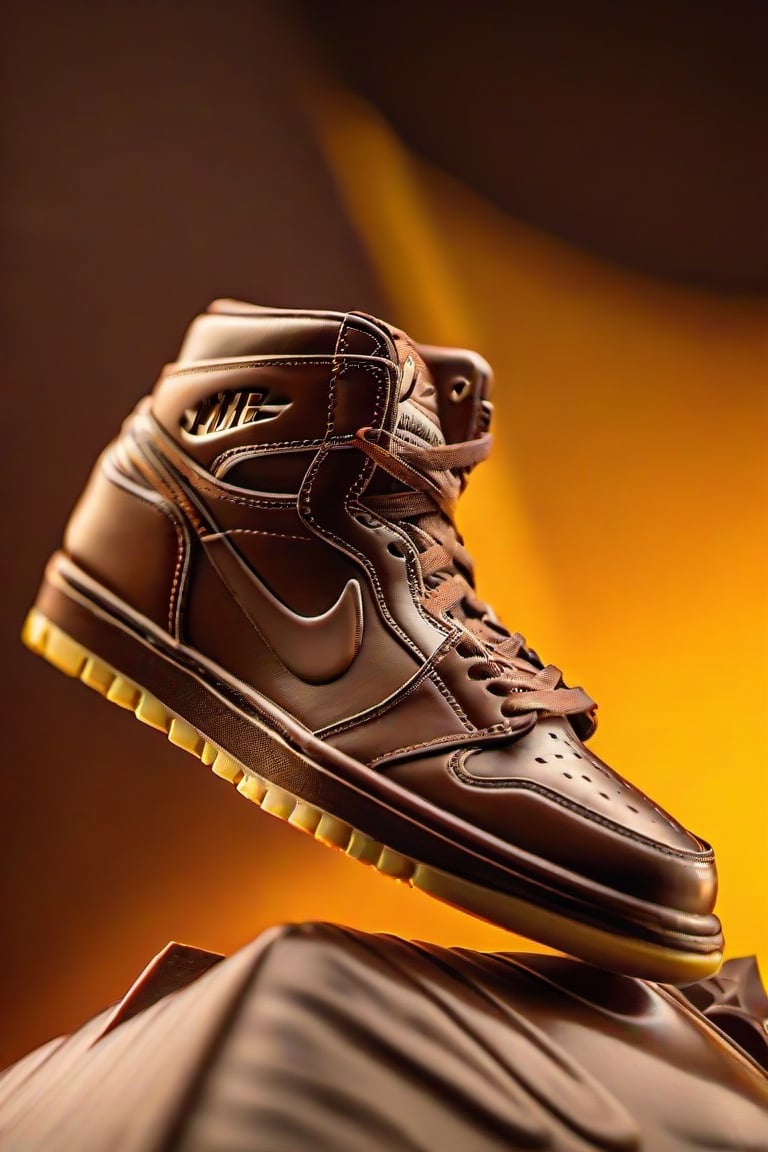 A (extreme closeup:1.6) of one Nike shoe of chocolat in the paradise of dark chocolat, (perfect chocolat:1.6), high detailed, a product photography light, full color, subsurface scattering, slim shape, magic background, colors, volumetric light, 3d, good style, 90's, 8k, HD, product photography, good focus, booth, food focus, no humans, (chocolat:1.8), EpicSky, one shoe, 1shoe, (small chocolats:1.1) backgroung yellow light,