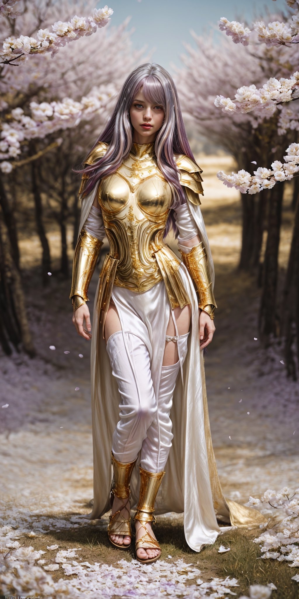 Wide shot of russian girl, she is wearing ((white long silk tunic:1.3)), [bare legs], (gold roman sandals:1.5), ((silk white robe:1.3)), (golden waist and half body of gold armor:1.6), (golden corset of gold armor:1), (hyperdetailed photography,), (masterpiece), real photo, 8k UHD, solo female, relaxed expression, ((girl body:1.3)), girl in outdoors, woman levitating or she is jumping on the spot, (white cape:1.2), the floor separated from him with, ((body levitation:1.2)), (only long light violet hair waist-length:1.7) , lot of hair, (((Fullbody Shot))), (Caucasian skin:1.2), on a black cloth background, perfect eyes, pale mory color skin, white skin, skin pores, clear skin, ((mystical background)) good anatomy, perfect hands, perfect eyes, 4ry4, magical brackground, cloud, background_sky, mystical sky, ultra realistic, background details, (detail face), clear face, clear, perfecteyes, ((dramatic lighting)), God and the stars, the space is nice, random place, a lovely body, extremely long hair, messy hair, perfect face, ultra detail face, perfect fingers, good finger anatomy, ((perfect hands:1.0)) body levitation, spectacular levitation, two perfect legs and feet, feet apart, perfect feet, photographic cinematic super high detailed, perfect legs, mysterious power, famale face, Caucasian Male, magical white, ((perfect fingers)) (magical white:1.2), grass, (swirl of white petals:1.2), (petals:1.7), female hips, natural beauty, feminine traits, greek girl