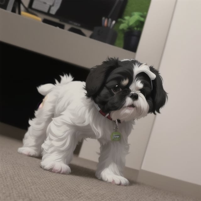 Cute, long_hair, shi_tzu, puppy, black_&_white, standing in an office with green carpet with his little doggy bed behind him. 