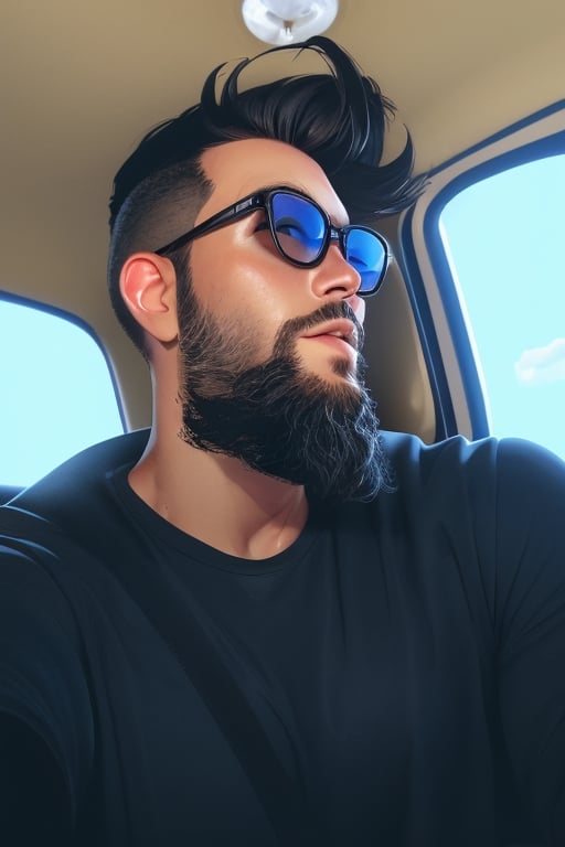 close up face photo of a confident male, keep the shades, make edges of the beard clean like a fresh beard cut.