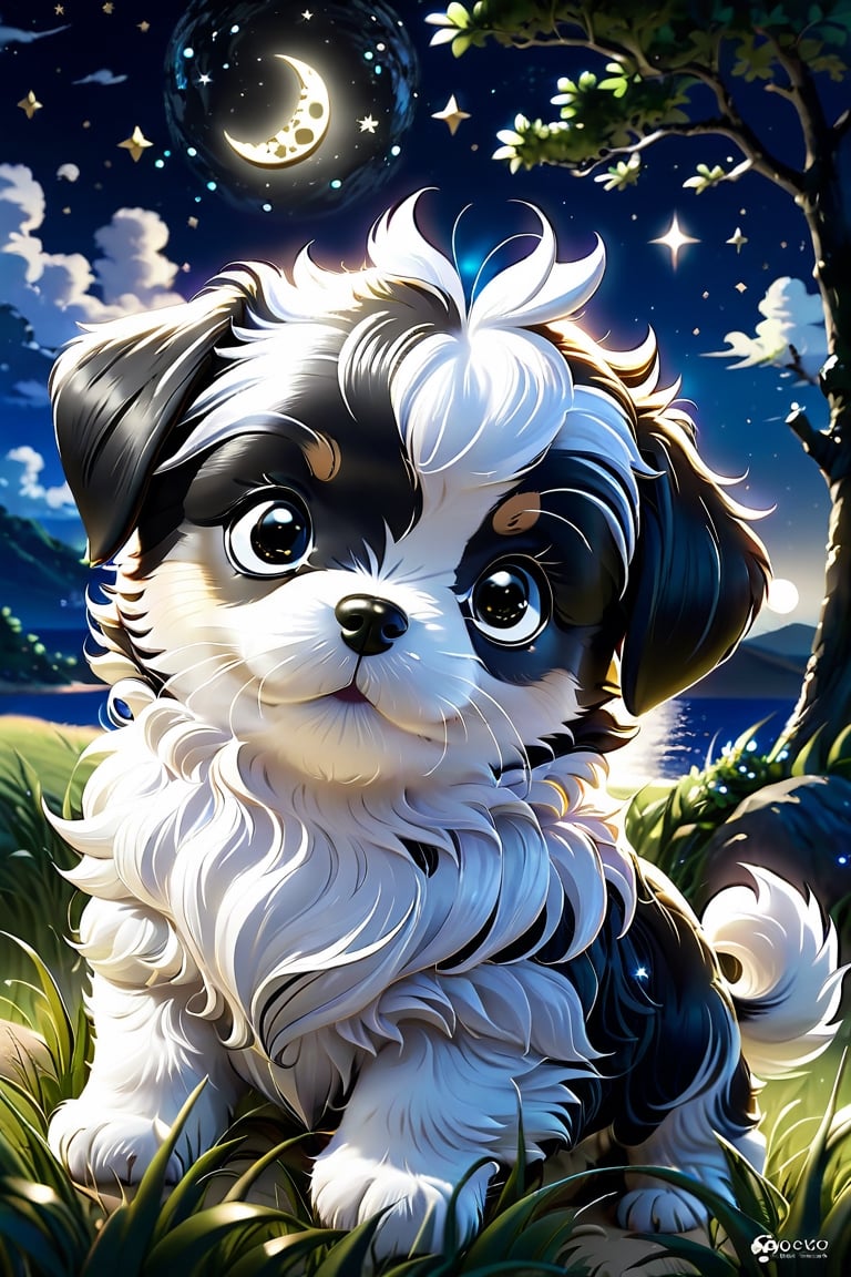 "An imaginative portrayal of a small, shih_tsu puppy, on an open grassy field under the night sky. The black and white puppy proudly displays the emblem of piracy, its sails billowing in the moonlit breeze. It finds rest on a serene beach, where an aura of utter tranquility pervades, devoid of any human presence. In the background, a picturesque lake mirrors the grandeur of the mountains and a sky adorned with countless stars. This artwork is a masterpiece, drawing inspiration from the realms of fantasy and anime, with a nod to the adventurous spirit of 'One Piece'. It incorporates the hyper-detailed, high-resolution style reminiscent of celebrated anime artists. Crafted in the dimensions of 9x21, it is perfectly suited for a phone wallpaper, and it integrates additional stylistic elements to elevate its visual impact."
,Xxmix_Catecat,cat
