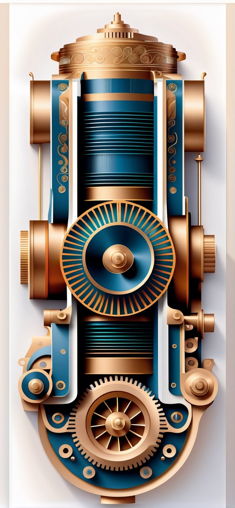 Intricate vector illustration design of an engine for art gallery, 3-6-9 pattern. Elegant, sophisticated, ornate details, muted color scheme, subtle gradients. Art and mathematics fusion, hyper detailed, trending at artstation, sharp focus, studio photography, intricate detail, highly detailed, centered, perfect symmetrical, bright color, solid white background, made with adobe illustrator, in the style of Studio Gibli, 3d style, nature