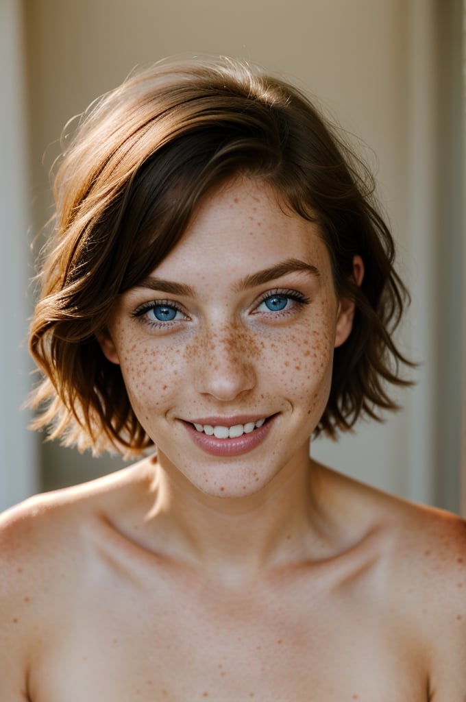 Nude,beautiful lady, (freckles), big smile, blue eyes, short hair, dark makeup, hyperdetailed photography, soft light, head and shoulders portrait, cover
