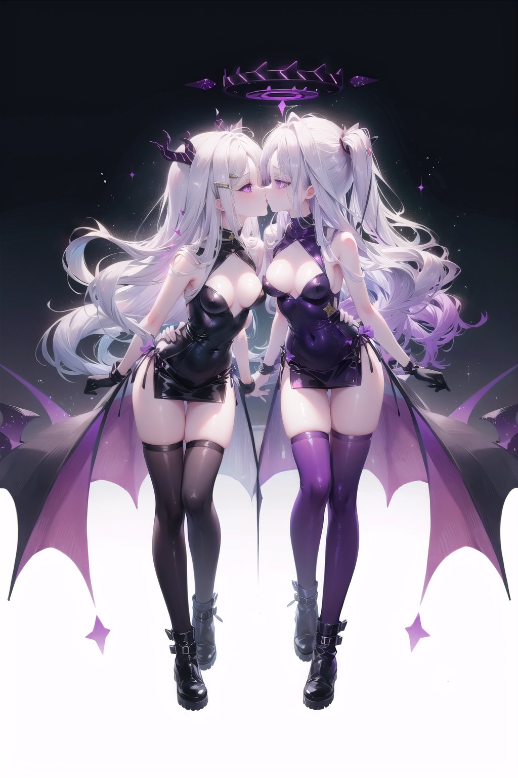 2 girls, Hina blue archiv, halo, 16 years old, (((flat breasts))), (((purple eyes))), (((pale lavender hair))),hair ornaments, long wavy hair, tied with a black red ribbon, with dark black extended horns adorned with purple cracks bright
\(blue archive\), 1girl, long hair, ahoge, sidelocks, halo, demon wings, forehead, knee boots, black thighhighs, black gloves, hairclip, halo, full Body

Nipples ,((( kiss breast))),

{{{2girls}}},  masterpiece,  best quality,  ,purple eyes,  anime illustration,  skinny body,  skinny legs, small breast, pink clothes,  ((red leather pants)), ((back to back)),  {{{hips bumping}}},  ((hips to hips)),  dance,  idol,  cute,  smile,  joyful, yuri, hands stretch forward, kiss,
Nipples 