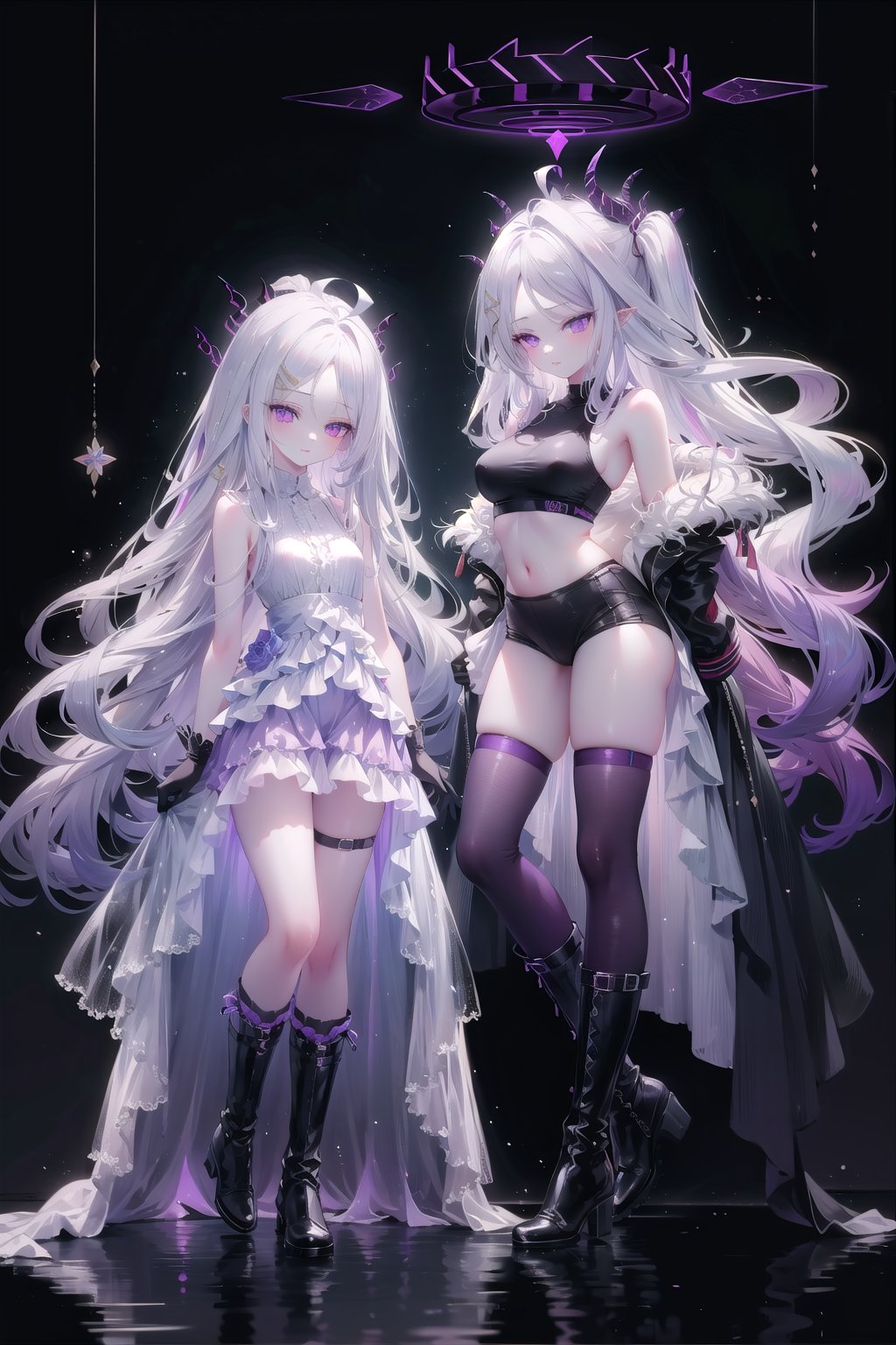 2 girls, Hina blue archiv, halo, 16 years old, (((flat breasts))), (((purple eyes))), (((pale lavender hair))),hair ornaments, long wavy hair, tied with a black red ribbon, with dark black extended horns adorned with purple cracks bright
\(blue archive\), 1girl, long hair, ahoge, sidelocks, halo, demon wings, forehead, knee boots, black thighhighs, black gloves, hairclip, halo, full Body
{{{2girls}}},  
SCORE_9, SCORE_8_UP, SCORE_7_UP, SCORE_6_UP, MASTERPIECE, BEST QUALITY, HIGH QUALITY, HIGHRES, ABSURDRES, PERFECT COMPOSITION, INTRICATE DETAILS, ULTRA-DETAILED, PERFECT FACE, PERFECT EYES, NEWEST, AESTHETIC, , 
seductive look and smile, gray eyes, elf ears, very long hair, large breast, one hand behind head, black sports bra, black bloomers, standing on the gym