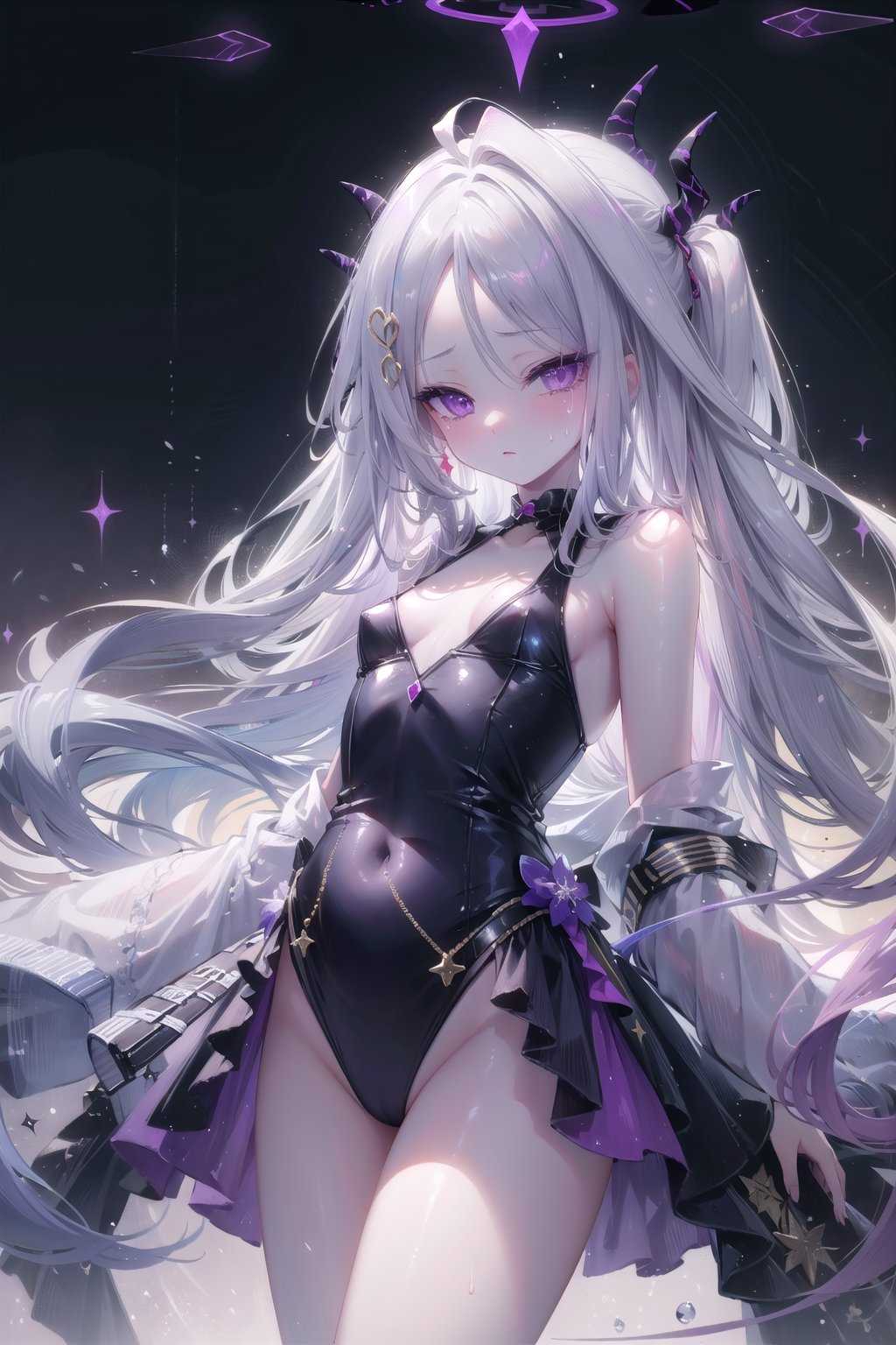 ters Prompt: score_9, score_8_up, score_7_up, score_6_up, 1girl,  1 girls, Hina blue file, halo, 16 years old, (((flat breasts))), (((purple eyes))), (((pale lavender hair))),hair ornaments, long wavy hair, tied with a black red ribbon, with dark black extended horns adorned with purple cracks bright. Pose random , (((random expression))),((shy)), (masterpiece), (best quality), (ultra-detailed), (masterpiece), (best quality), (ultra-detailed), 4K resolution, High resolution, professionall quality, detailed picture Score_9, Score_8_up, Score_7_up, naked, bdsm camera, detailed body, petite, sweating, tears, sad face, legs spread, perfect pussy, tied, , bunny suit, rabbit hole \(vocaloid\) , cum shot, aheago , ahegao_face