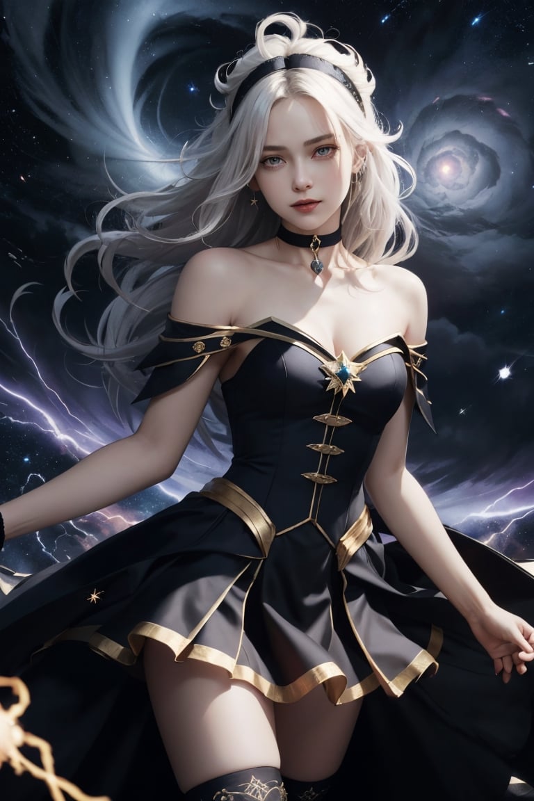 ((masterpiece)), (((best quality))), ((ultra-detailed)), ((illustration)), ((disheveled hair)), beautiful detailed eyes, (1girl:1.2),(solo), dynamic angle, dark magician girl,(black kneehighs:1.1),choker, headband,
(starry tornado:1.4), starry Nebula, ((frills)), beautiful detailed sky, beautiful detailed eyes,evil smile, expressionless,hairs between eyes,  white  hair,pleated skirt,((disreveled hair)),
power pose, energy orb in hand