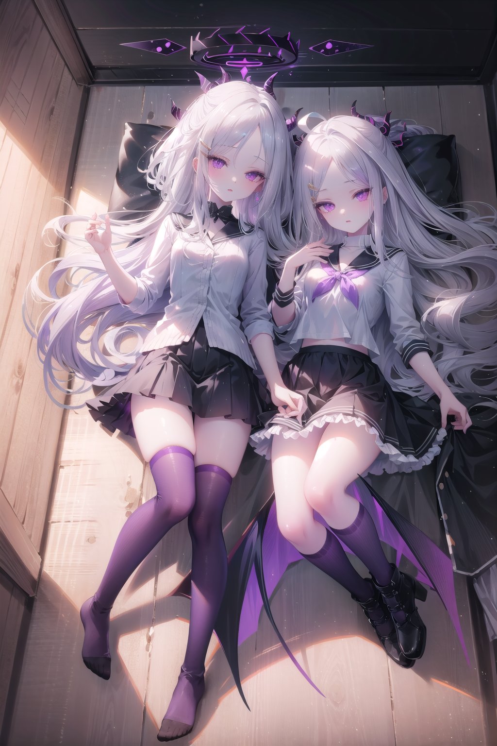 2 girls, Hina blue archiv, halo, 16 years old, (((flat breasts))), (((purple eyes))), (((pale lavender hair))),hair ornaments, long wavy hair, tied with a black red ribbon, with dark black extended horns adorned with purple cracks bright
\(blue archive\), 1girl, long hair, ahoge, sidelocks, halo, demon wings, forehead, knee boots, black thighhighs, black gloves, hairclip, halo, full Body


{{{2girls}}},  
SCORE_9, SCORE_8_UP, SCORE_7_UP, SCORE_6_UP, MASTERPIECE, BEST QUALITY, HIGH QUALITY, HIGHRES, ABSURDRES, PERFECT COMPOSITION, INTRICATE DETAILS, ULTRA-DETAILED, PERFECT FACE, PERFECT EYES, NEWEST, AESTHETIC, , looking at viewer, short hair, skirt, brown hair, school uniform, full body, pleated skirt, lying, serafuku, socks, indoors, on back, sailor collar, blue skirt, kneehighs, tatami, white neckerchief, photo inset