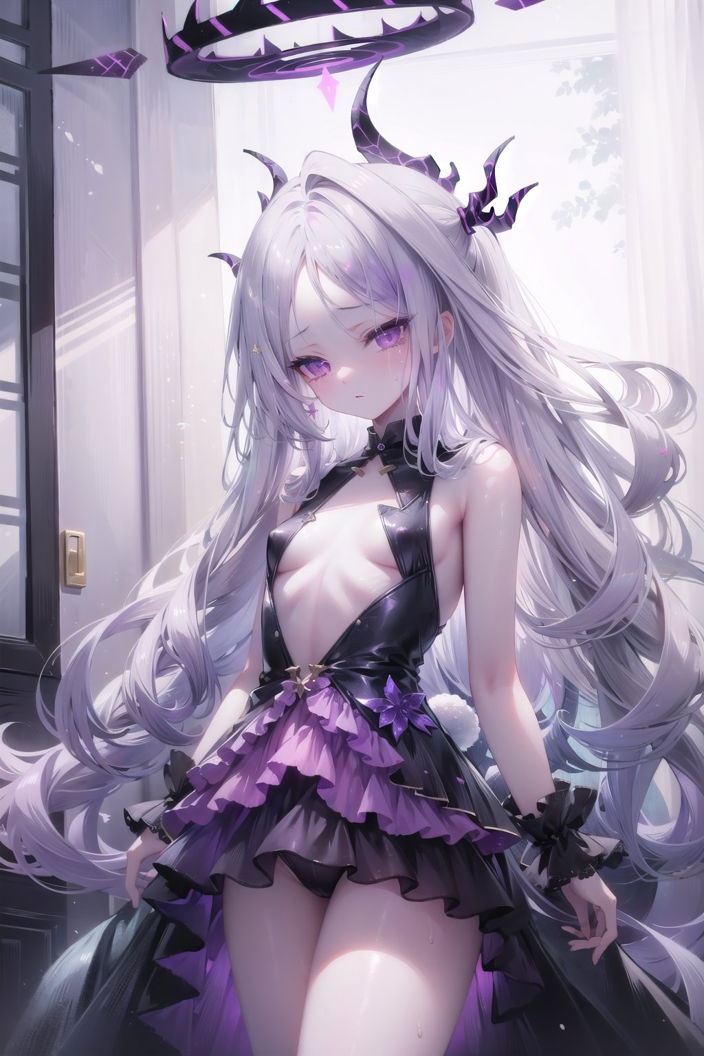 ters Prompt: score_9, score_8_up, score_7_up, score_6_up, 1girl,  1 girls, Hina blue file, halo, 16 years old, (((flat breasts))), (((purple eyes))), (((pale lavender hair))),hair ornaments, long wavy hair, tied with a black red ribbon, with dark black extended horns adorned with purple cracks bright. Pose random , (((random expression))),((shy)), (masterpiece), (best quality), (ultra-detailed), (masterpiece), (best quality), (ultra-detailed), 4K resolution, High resolution, professionall quality, detailed picture Score_9, Score_8_up, Score_7_up, naked, bdsm camera, detailed body, petite, sweating, tears, sad face, legs spread, perfect pussy, tied, , bunny suit, rabbit hole \(vocaloid\) , cum shot, aheago , ahegao_face