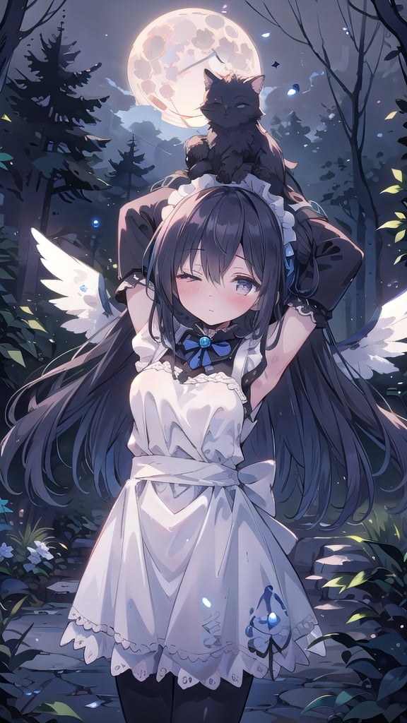 masterpiece, best quality, ,1girl, grey background, (kbxll:0.6),
in front of the moon, big moon, blue moon,
forest around,
bright atmosphere,
flying, maid dress, wings spread,
arms on head, stretching, blushing, one eye closed, one eye half open