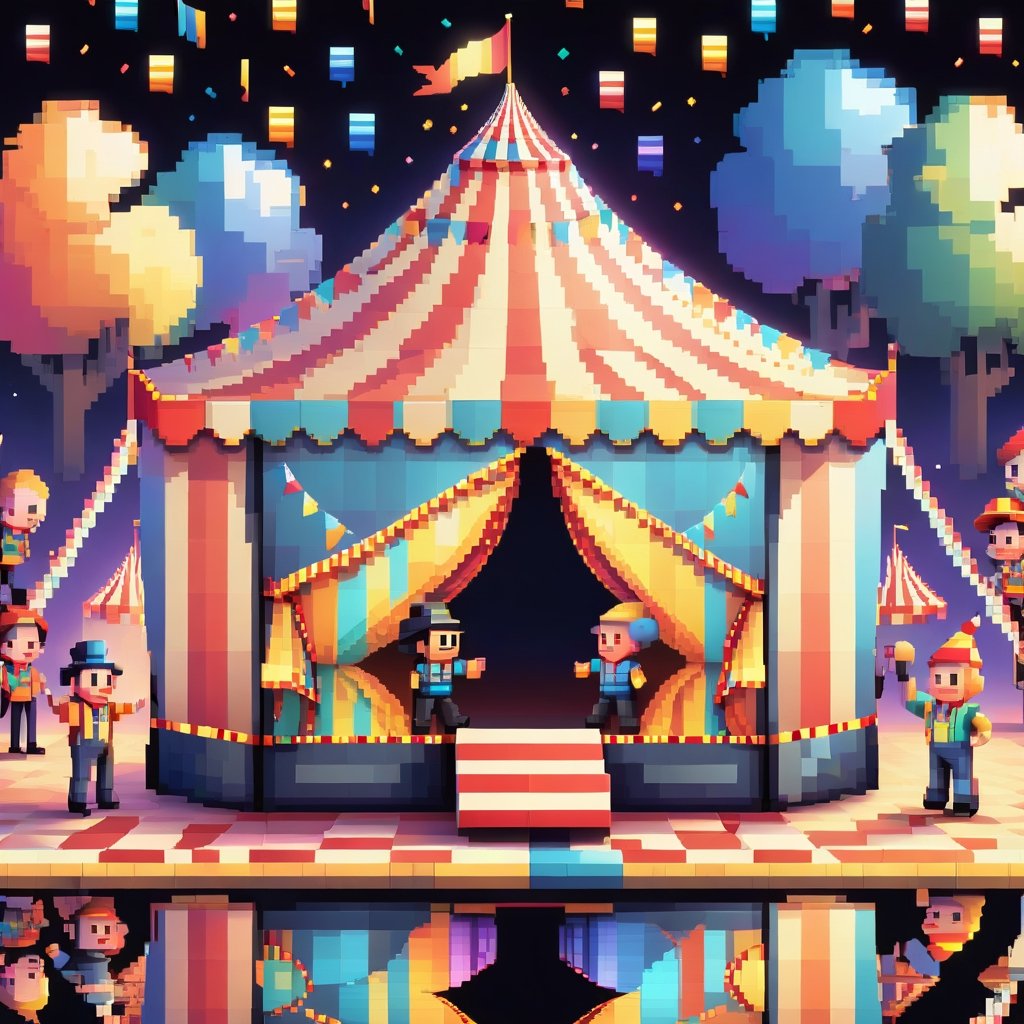 16bit, portrait of a cute beautiful colorful mini circus tent, pixeled reflections and refractions,  cute fireworks, cute small people, ultra detailed, high quality, highres, vivid background, ,pixel style, very well formed pixels, cube-perfect, 