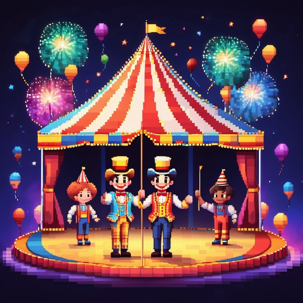 16bit, portrait of a cute beautiful colorful mini circus tent, depth of field, cute fireworks, cute small people, ultra detailed, high quality, highres, vivid background, ,pixel style