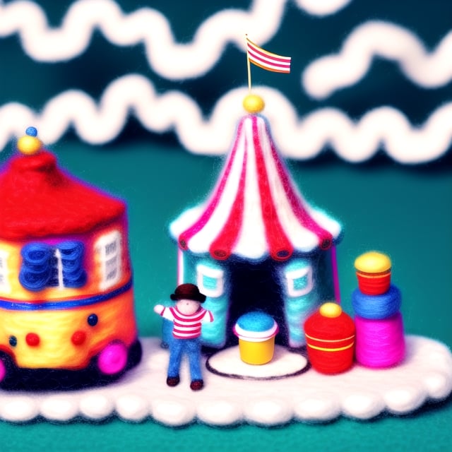 cinestill, miniwool portrait of a cute beautiful colorful circus tent, depth of field, cute fireworks, cute small people, ultra detailed, high quality, highres, vivid background, 