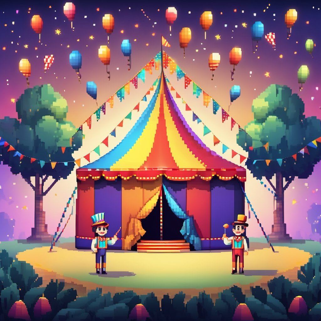 16bit, portrait of a cute beautiful colorful mini circus tent, depth of field, cute fireworks, cute small people, ultra detailed, high quality, highres, vivid background, ,pixel style