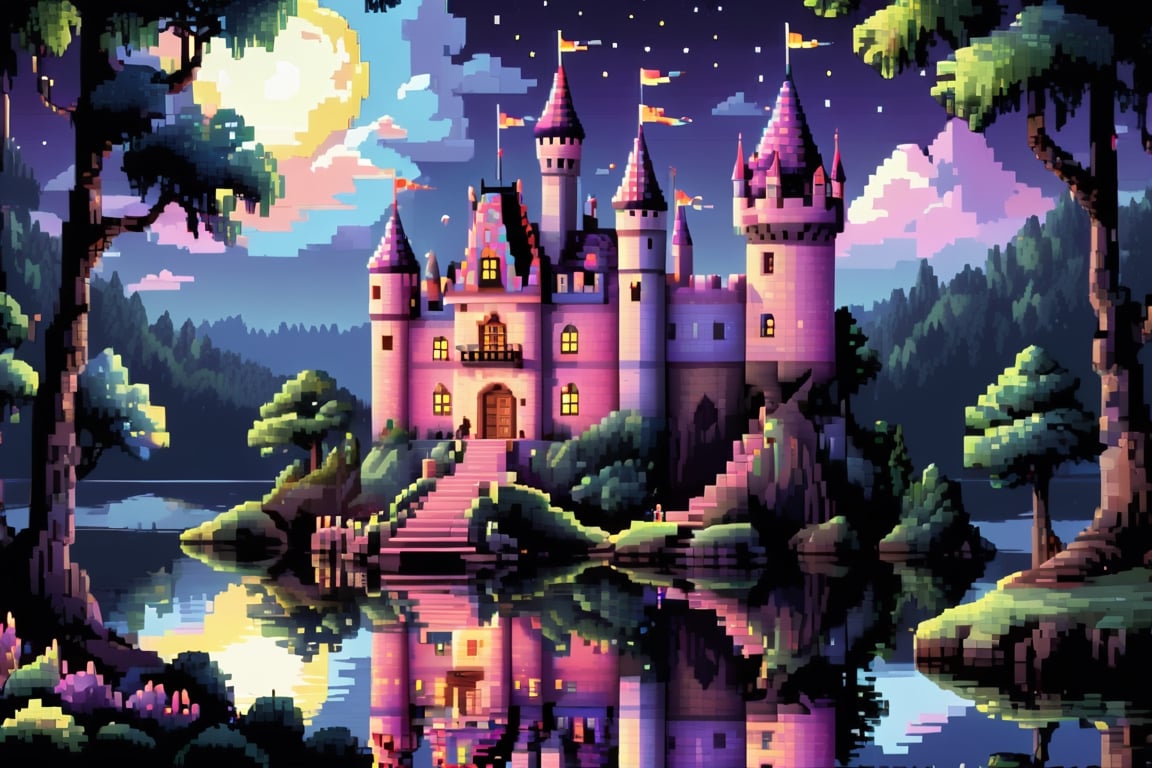 16bit, portrait of a cute beautiful colorful mini castle in the forest and lake, moonlight, pixeld mini king and queen at doors, pixeled reflections and refractions,  cute fireworks, cute mini pixeled people around it, celebration, party, princess wedding, ultra detailed, high quality, highres, vivid background, pixel style, very well formed pixels, cube-perfect, 